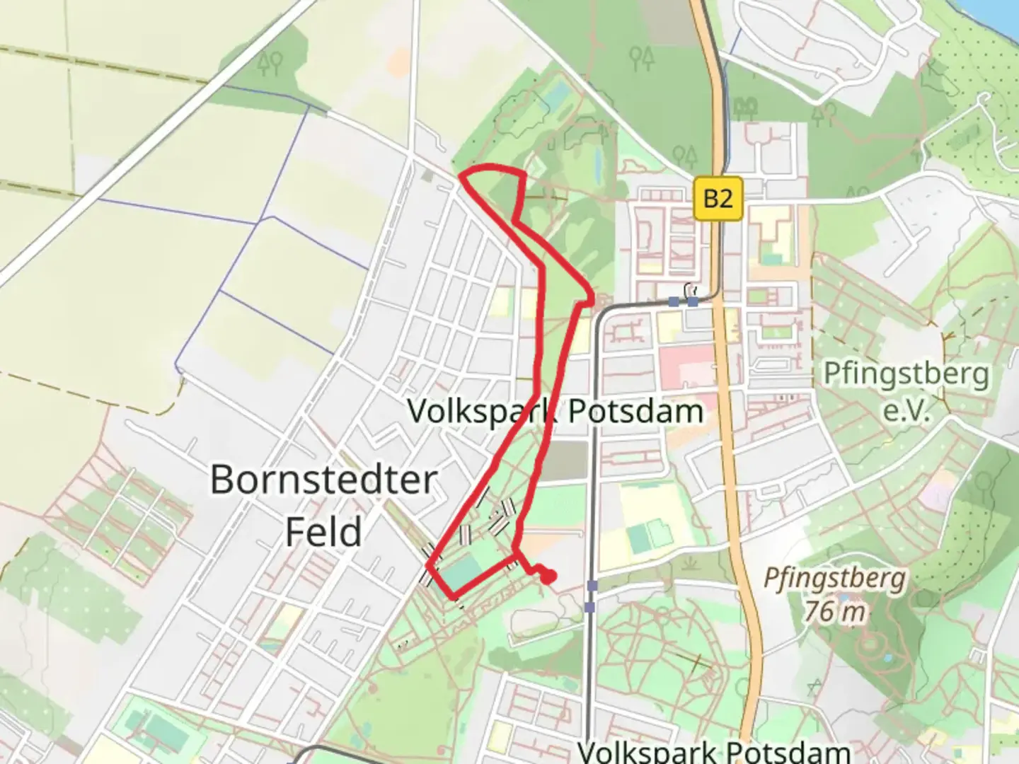 An image depicting the trail Volkspark Potsdam Loop and its surrounding area.