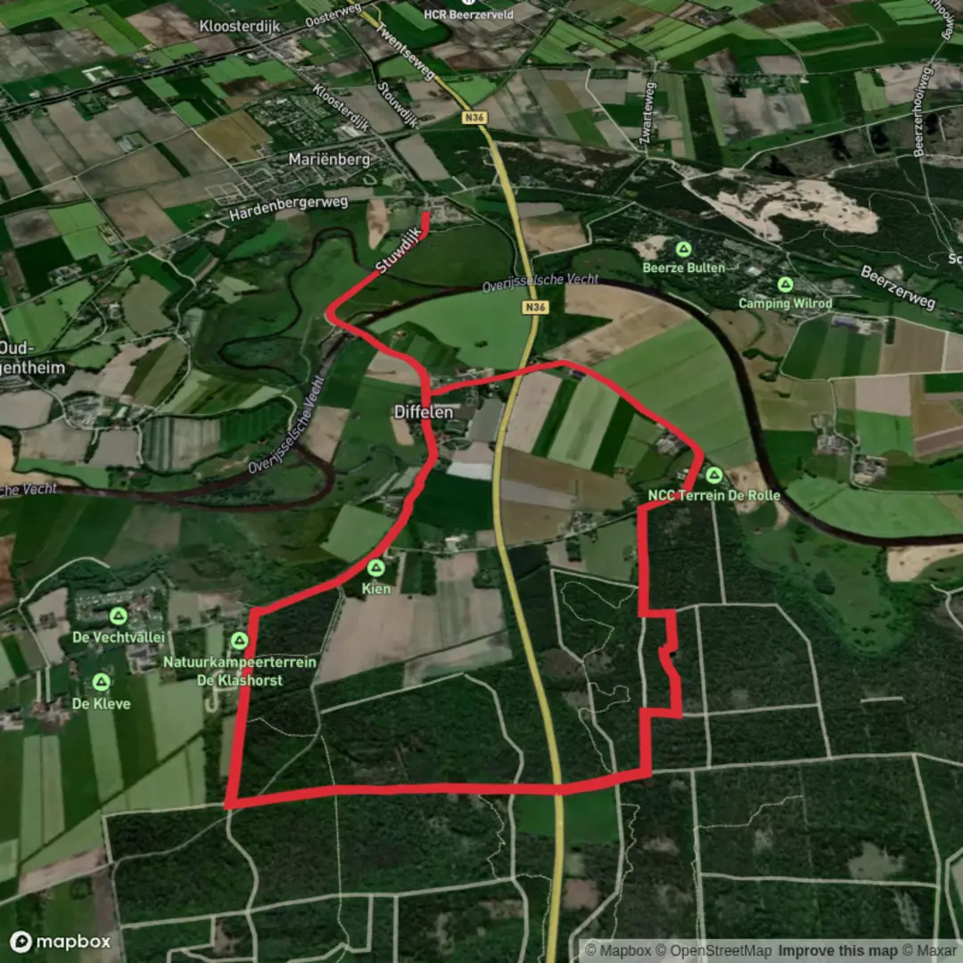 An image depicting the trail Moskuilen and Bentincksbosch via Pieterpad deel and Vechdalpad and its surrounding area.