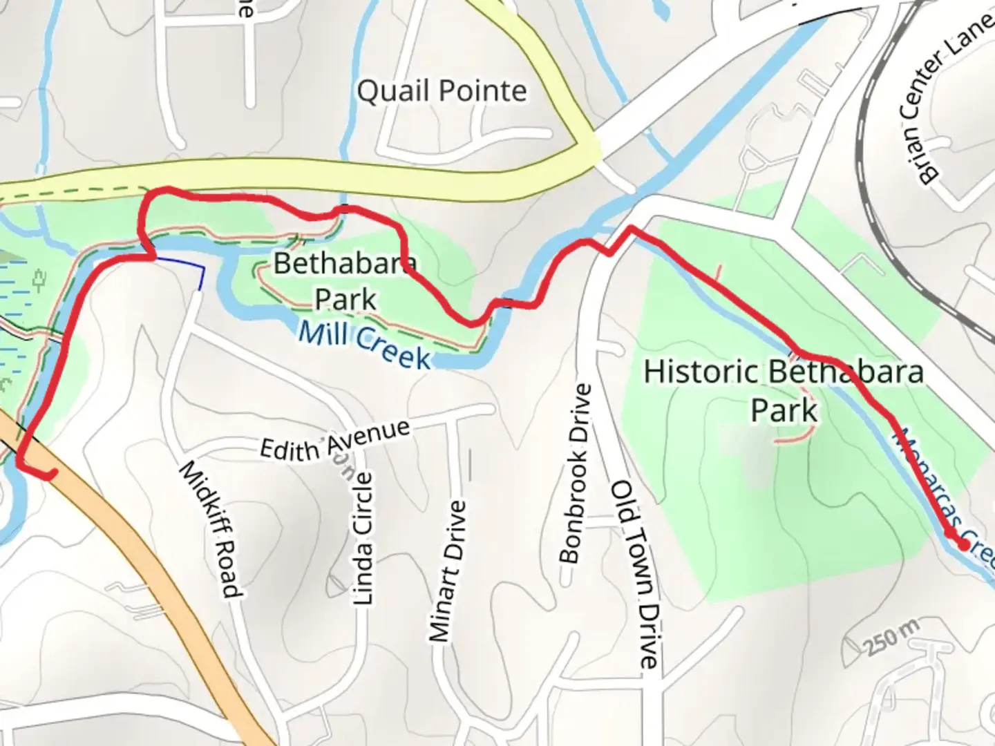 An image depicting the trail Bethabara Greenway and its surrounding area.
