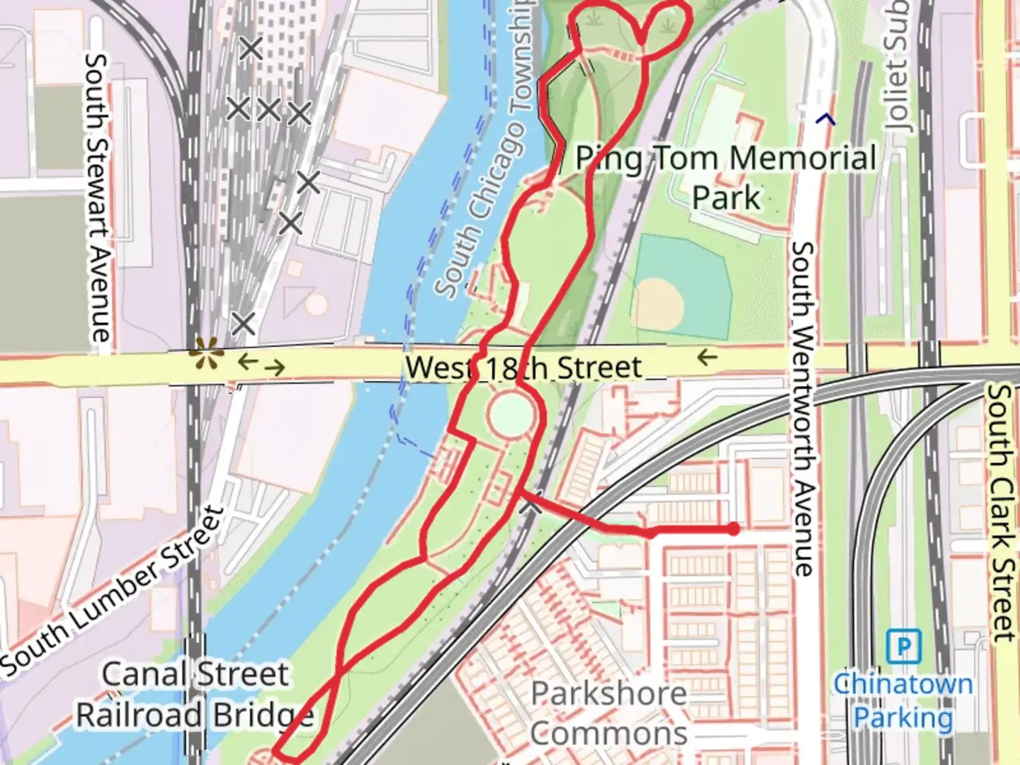 An image depicting the trail South Branch Chicago River Shore Loop - West 18th Street and its surrounding area.