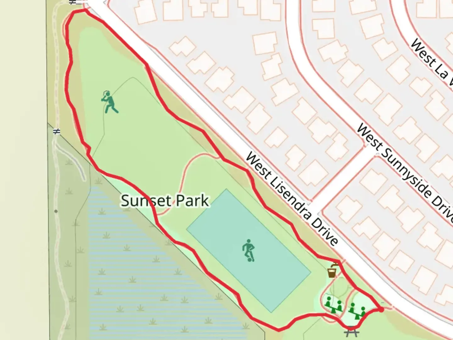 An image depicting the trail Sunset Park Path Loop and its surrounding area.