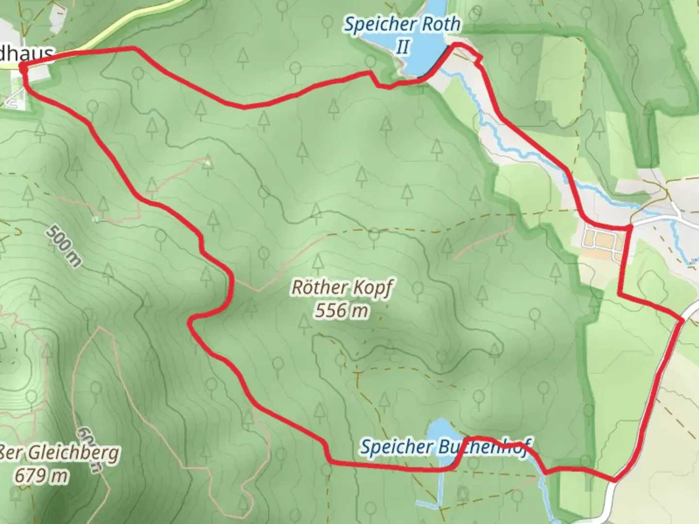 An image depicting the trail Speicher Buchenhof and Speicher Roth II Loop from Waldhaus and its surrounding area.
