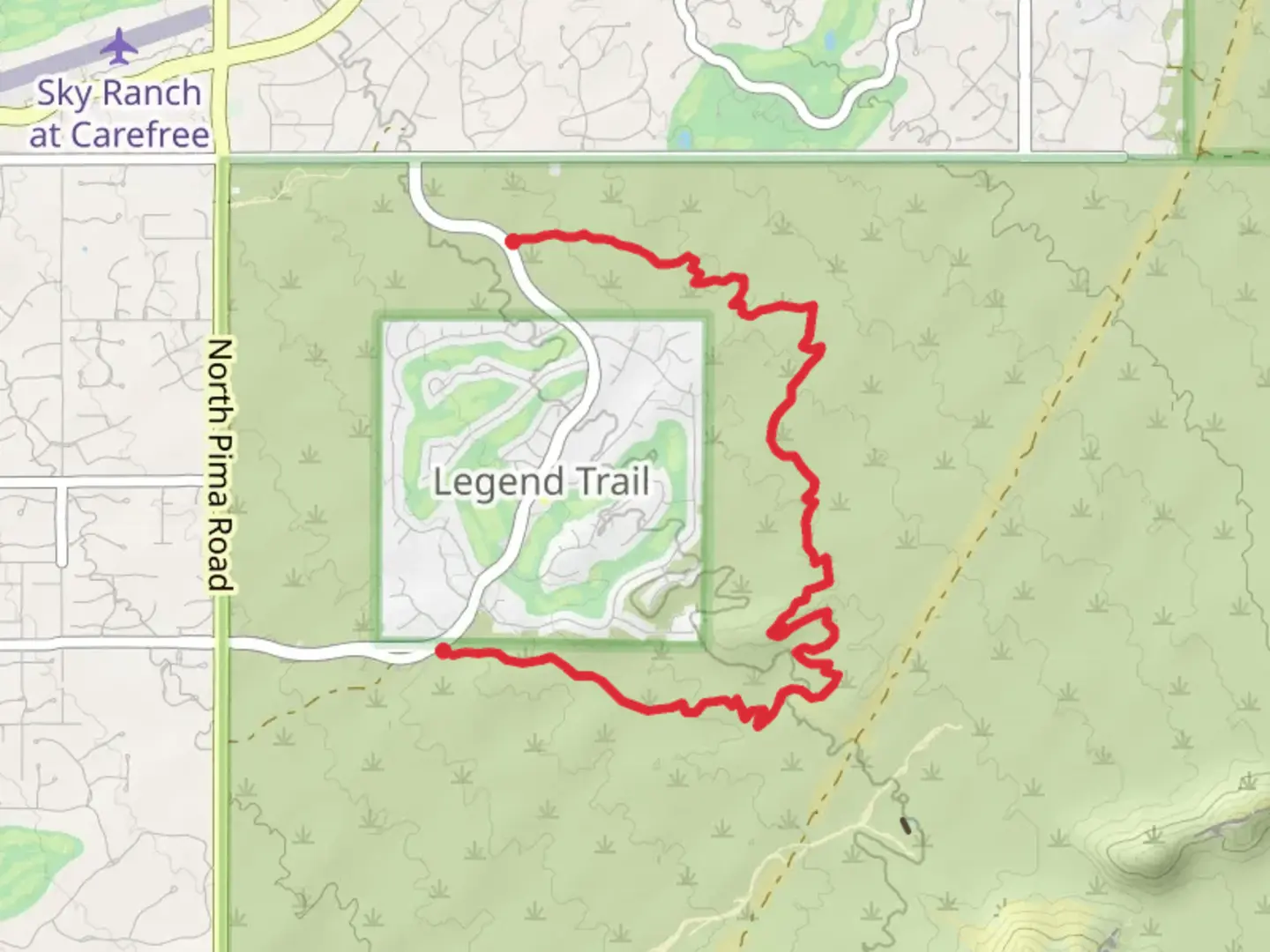 An image depicting the trail Own Hoot Trail, Stagecoach Trail and Legend Trail Parkway and its surrounding area.