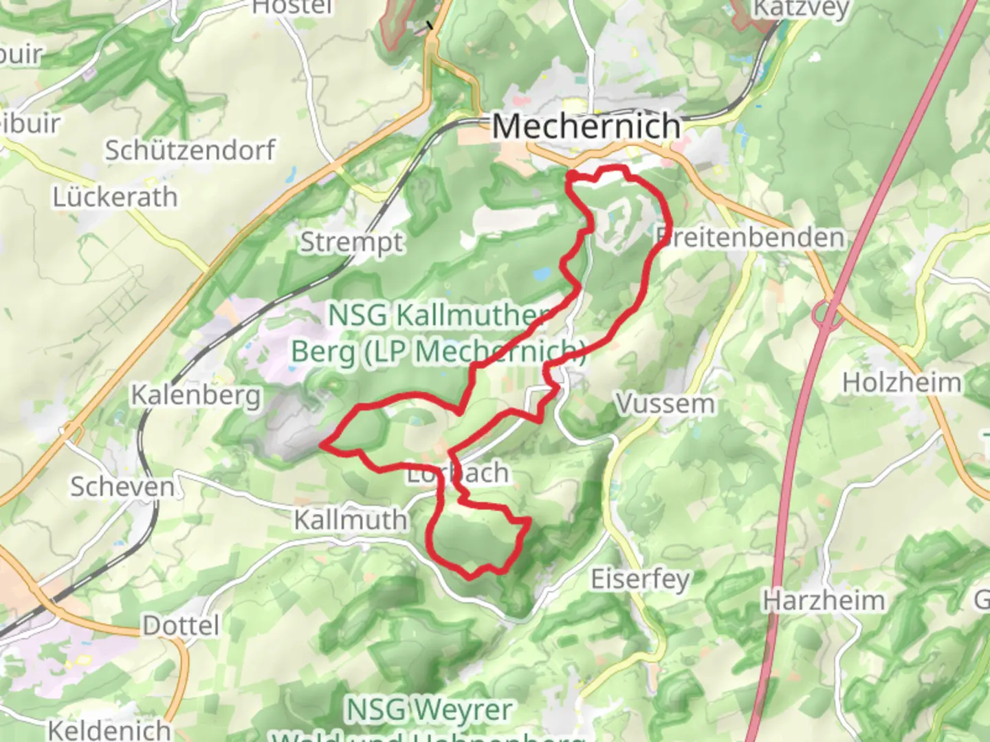 An image depicting the trail Breitenbenden and Lorbach Loop and its surrounding area.