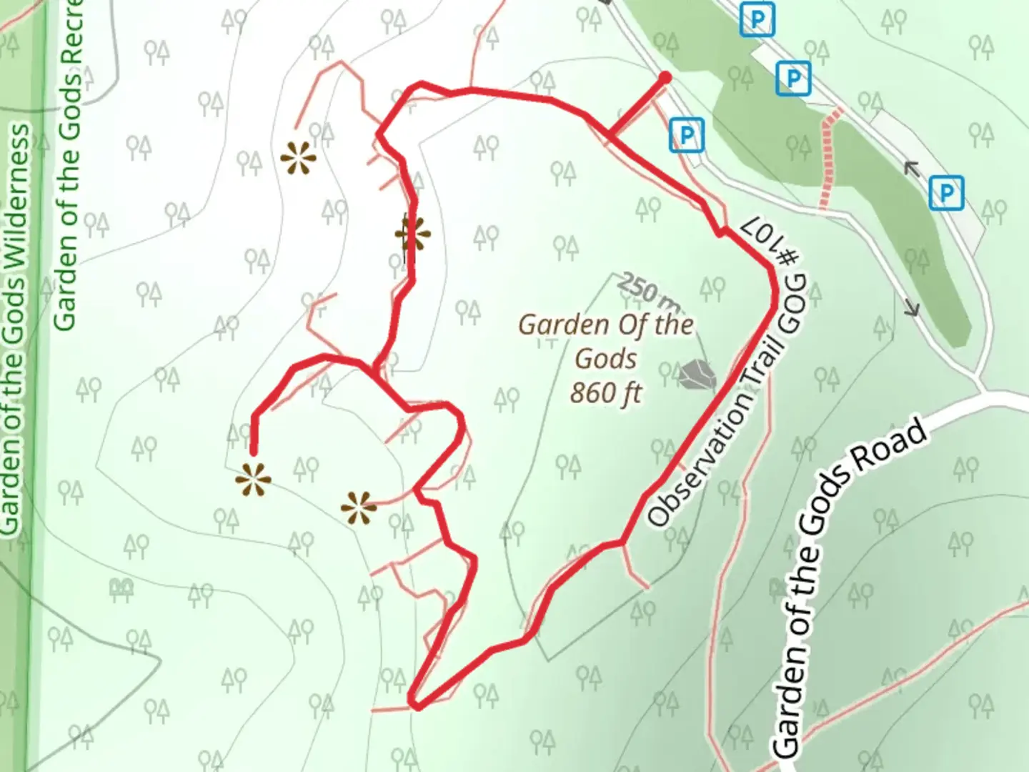 An image depicting the trail Garden of the Gods Observation Loop Trail and its surrounding area.