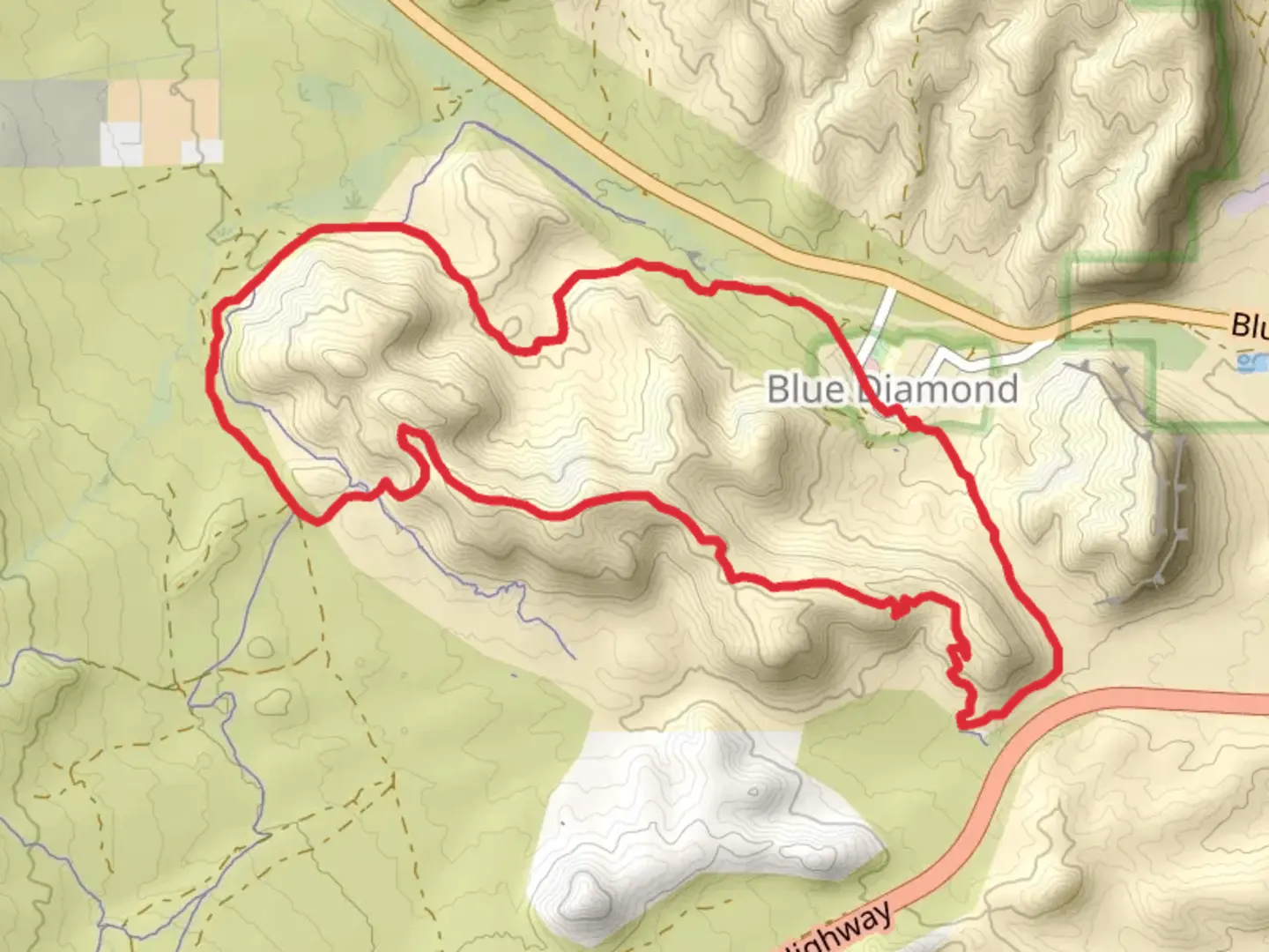 An image depicting the trail Blue Diamond Park - The Hurl Loop Trail and its surrounding area.