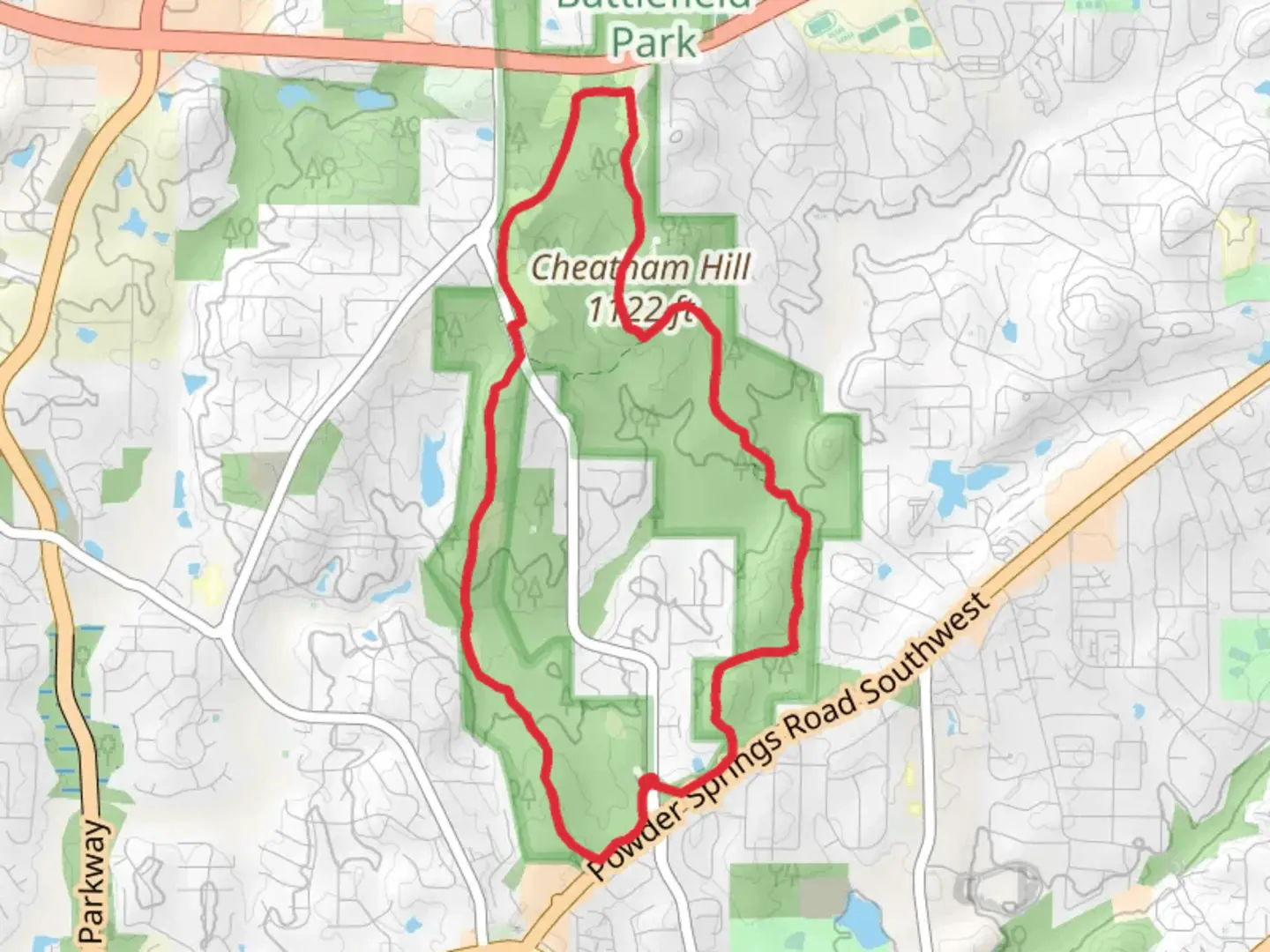 An image depicting the trail Kolb's Farm East, Cease Fire and West Loop Trail and its surrounding area.