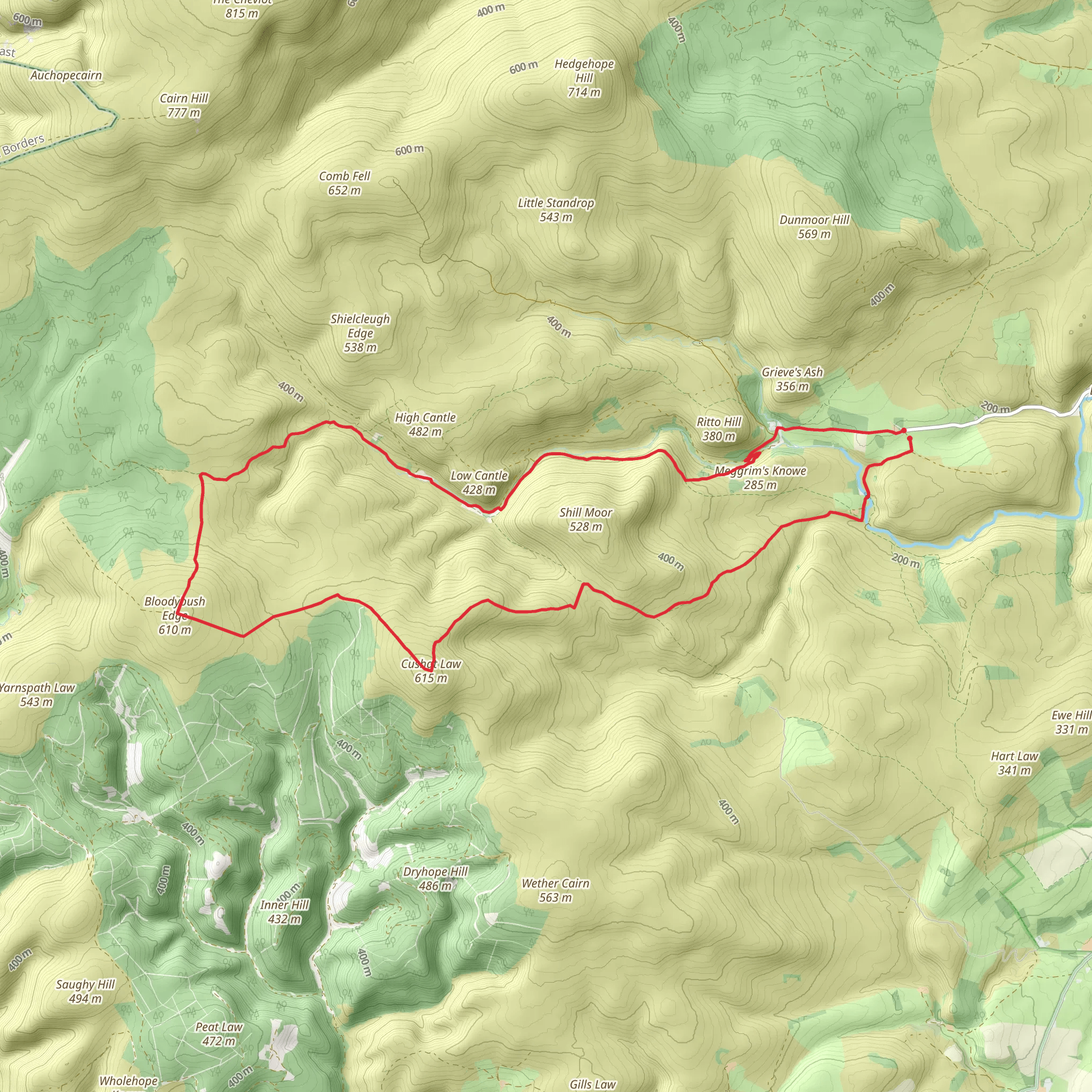 Bloodybush Edge and Cuchal Law Loop - Linhope mobile static map