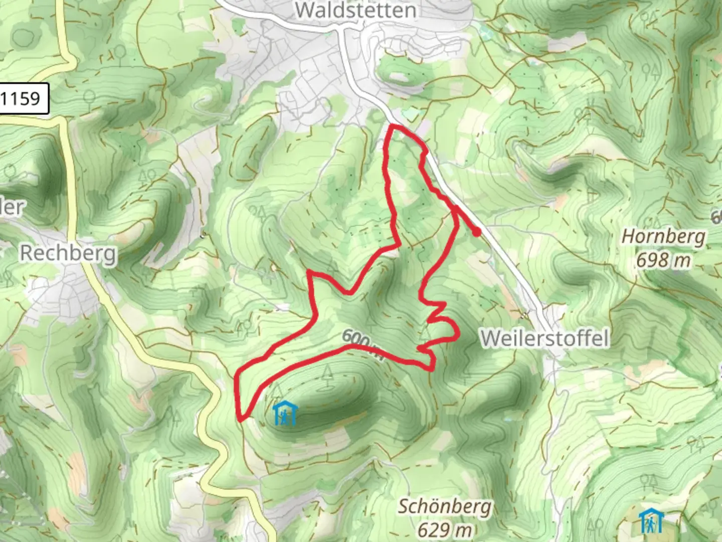 An image depicting the trail Hinterbergweg and Nordic Walking Strecke Loop and its surrounding area.