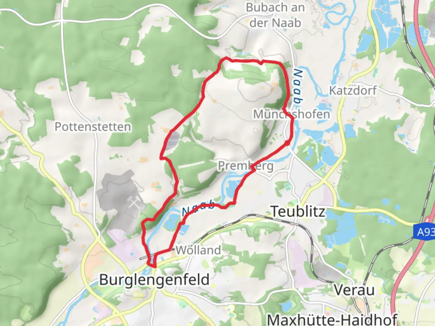 An image depicting the trail Naab via Staedtedreieck Rundweg and Scharzenfeld and its surrounding area.