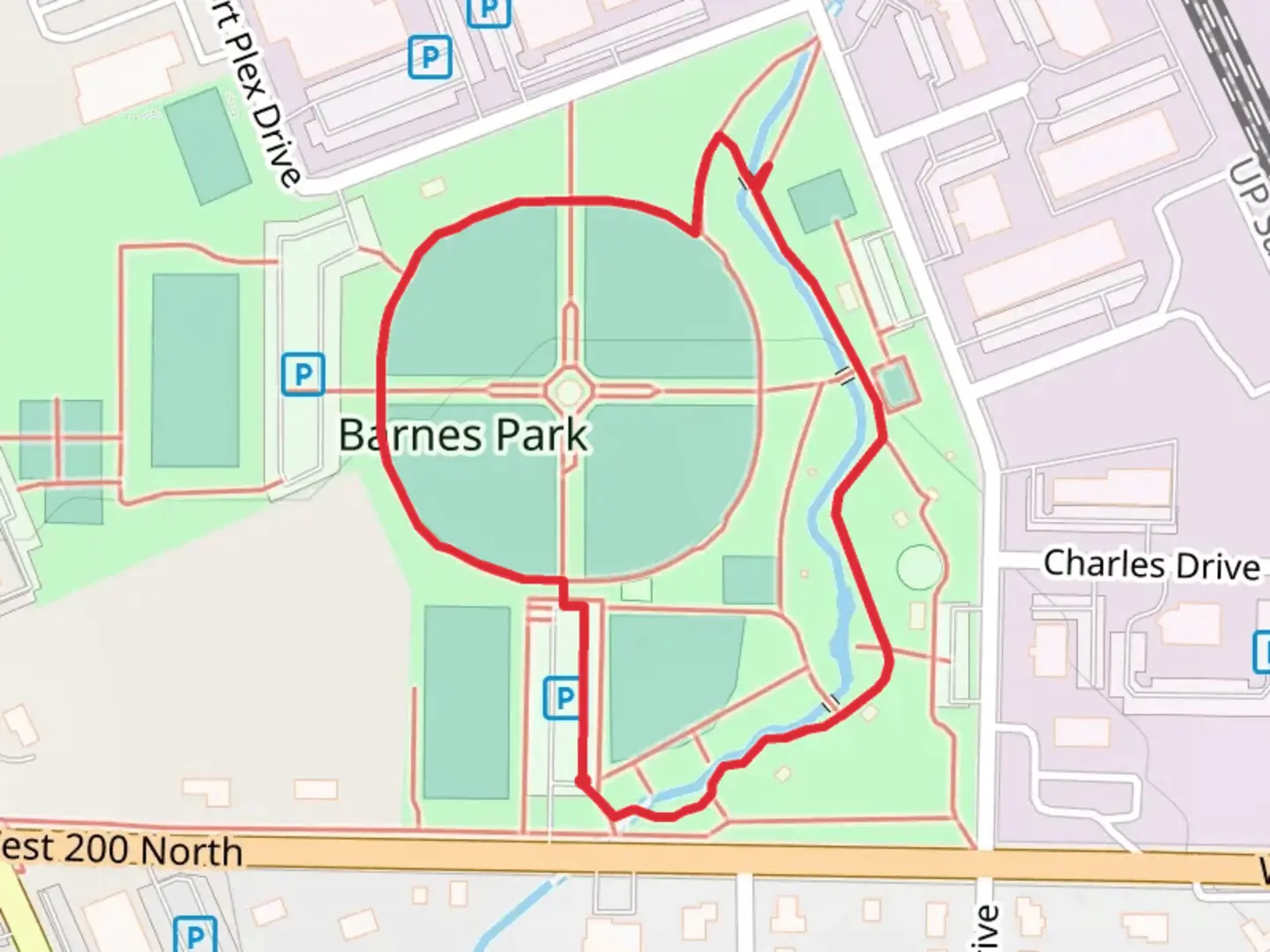 An image depicting the trail Barnes Park Field 5 Loop and its surrounding area.