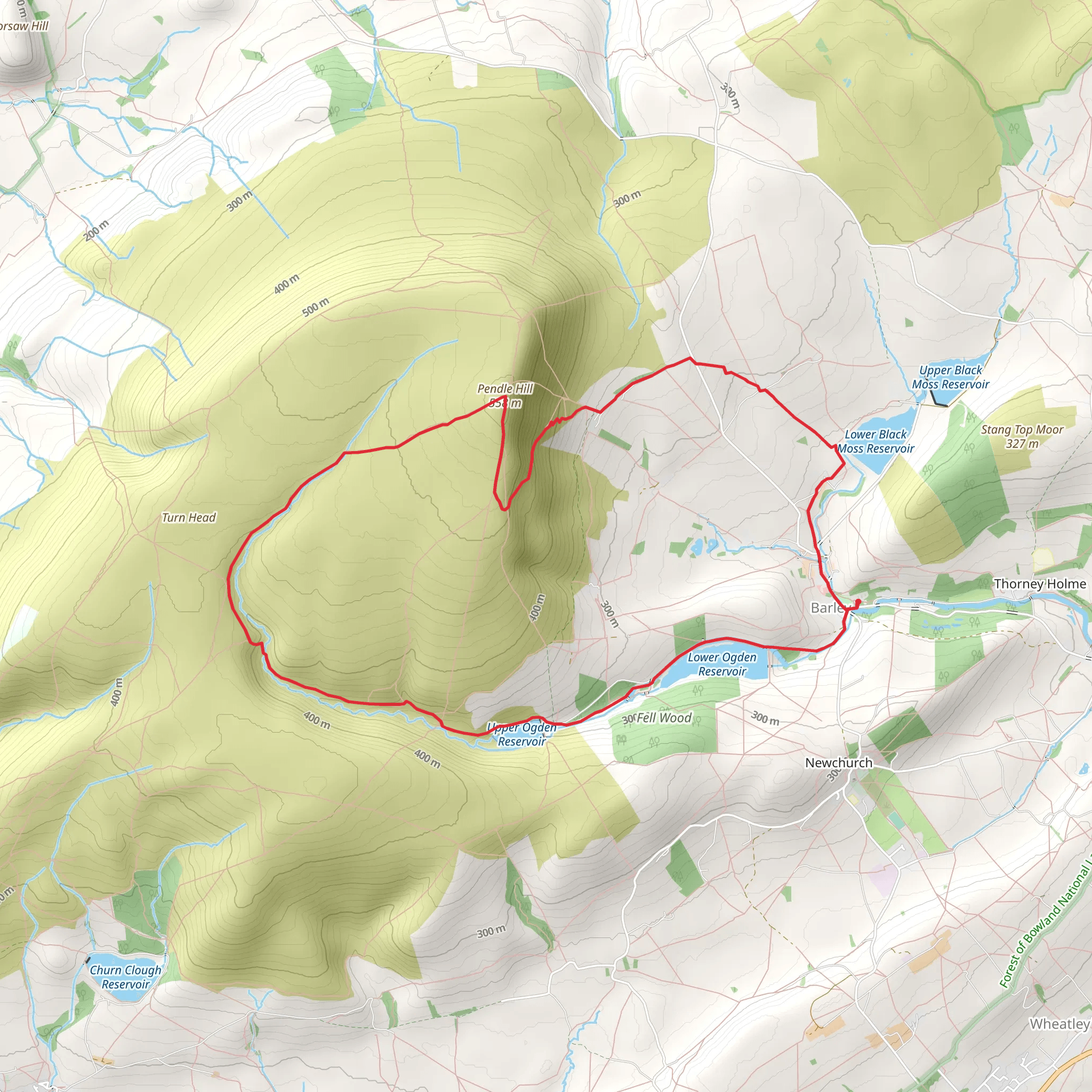 A circuit of Pendle Hill from Barley Green mobile static map