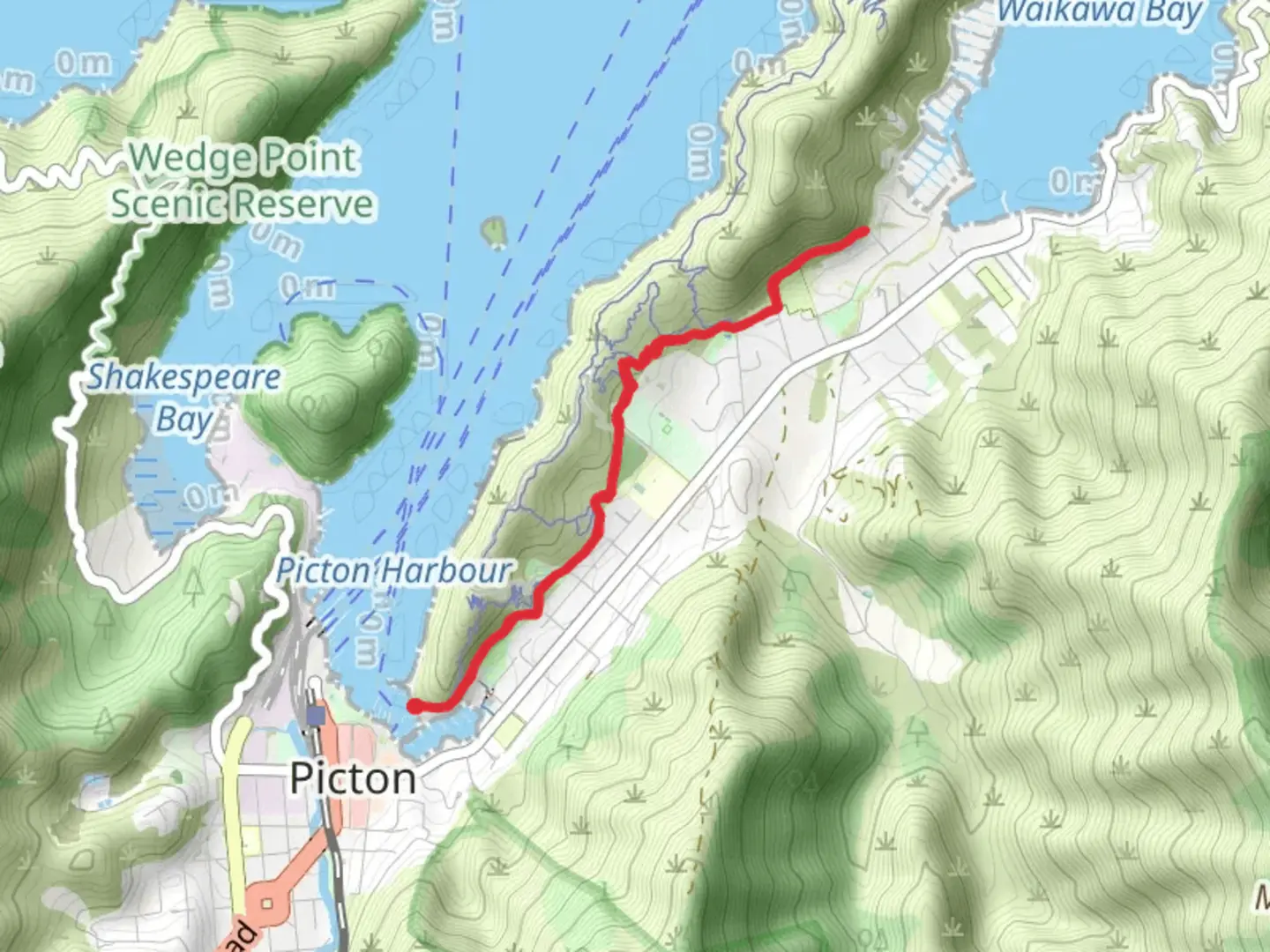 An image depicting the trail Picton to Waikawa Track and its surrounding area.
