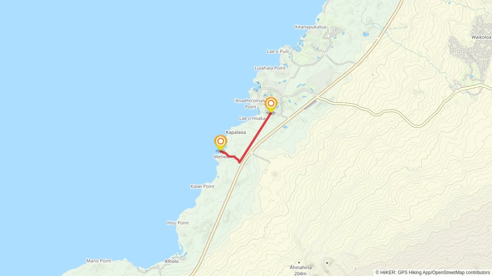 An image depicting the trail Akahu Kaimu via King's Highway Foot Trail and its surrounding area.