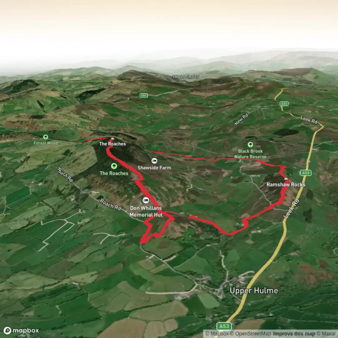 An image depicting the trail Hen cloud, Ramshaw Rocks and The Roaches Loop and its surrounding area.