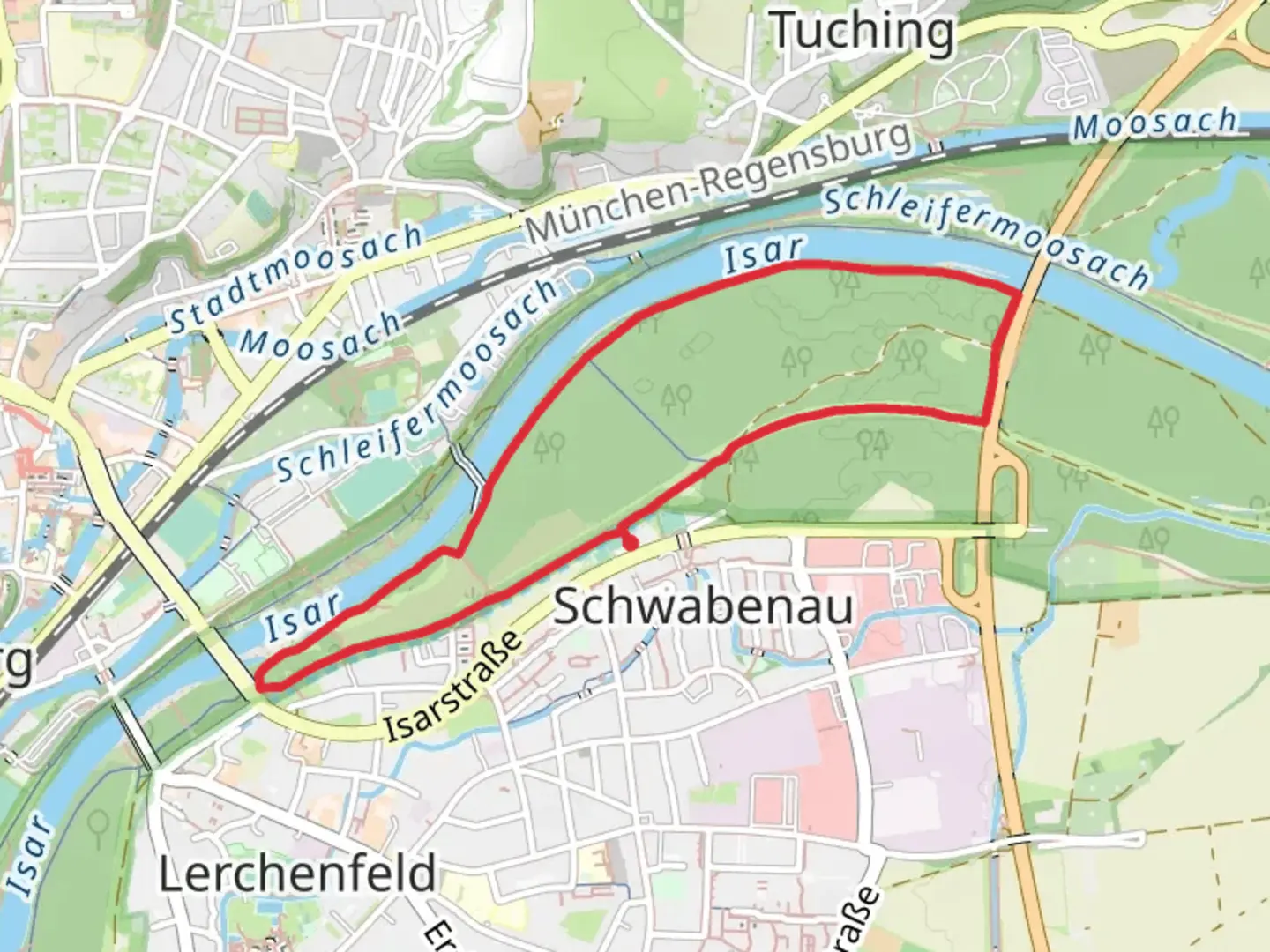 An image depicting the trail Schwabenau Isarstraße Loop and its surrounding area.