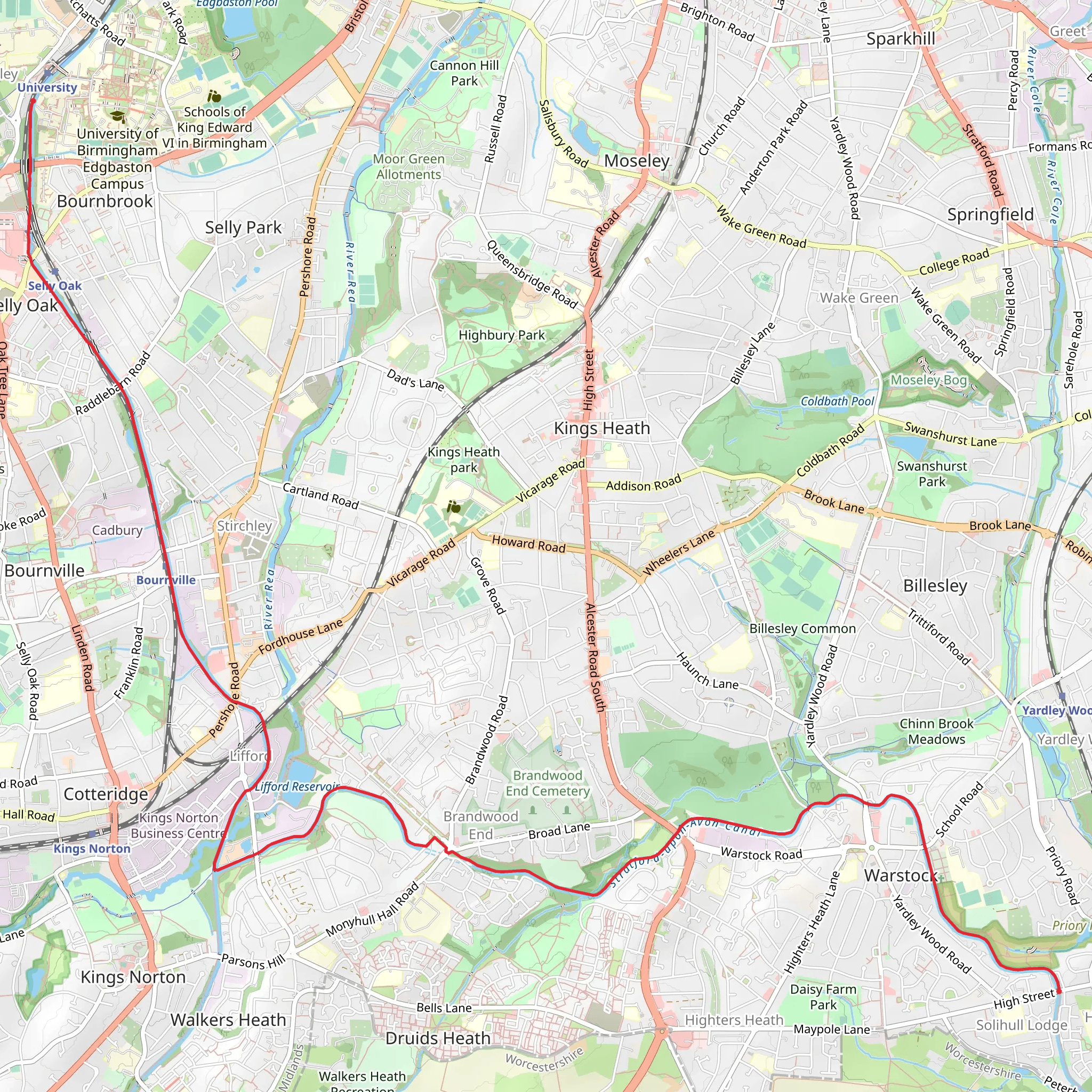 Shirley to Metchley Walk mobile static map