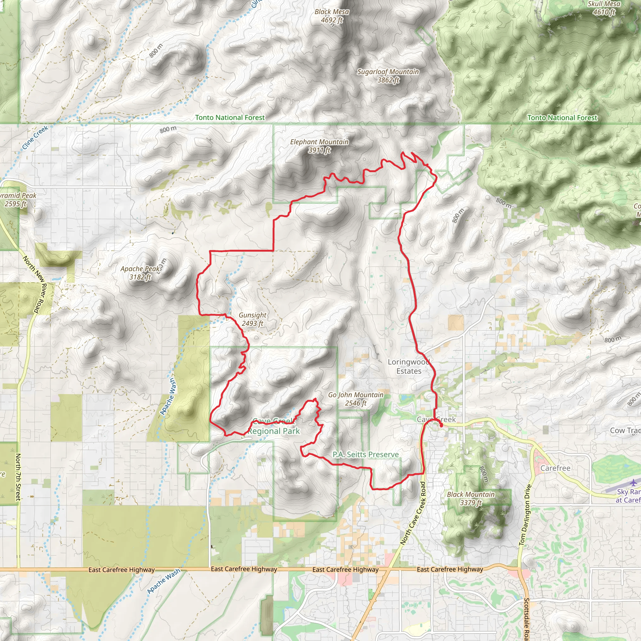 Cave Creek Regional Park and Gunsight via Maricopa Trail mobile static map