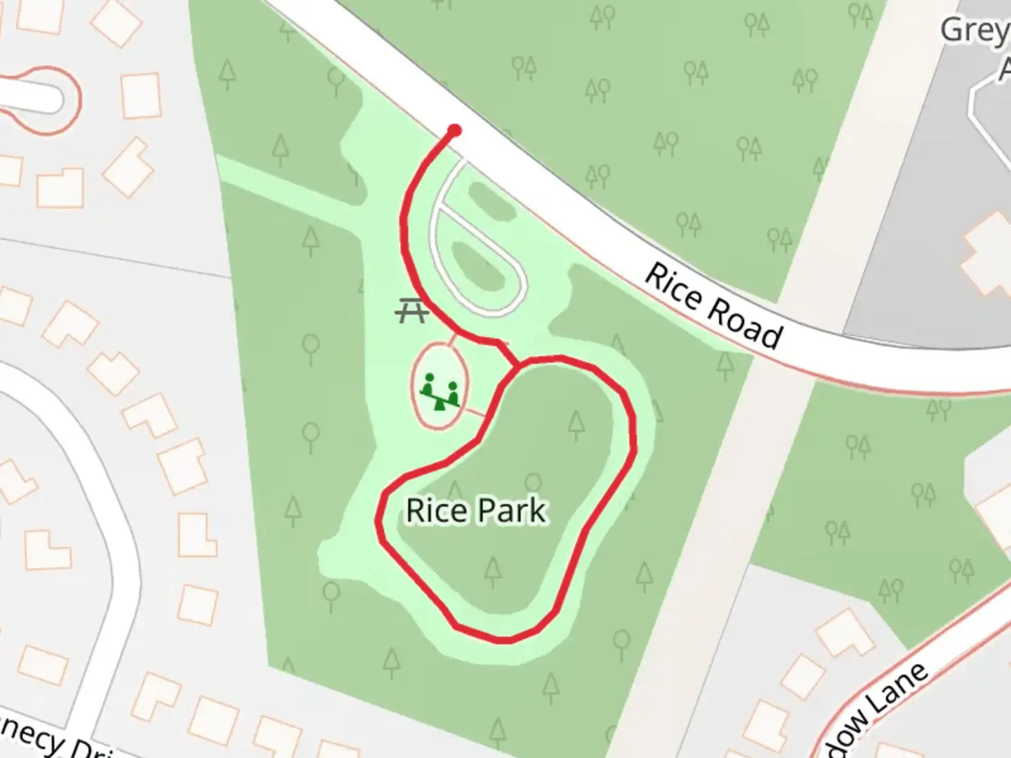 An image depicting the trail Rice Park Loop and its surrounding area.