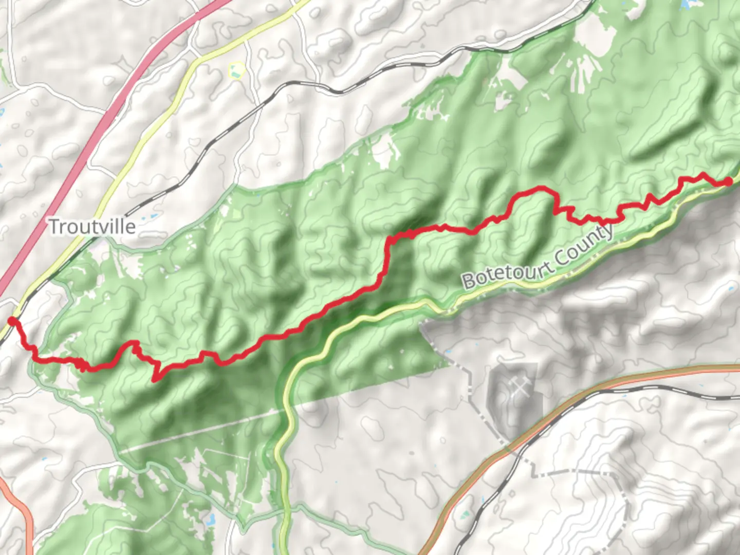 An image depicting the trail Lee Highway to Blue Ridge Parkway via Appalachian TrailAppalachian Trail Point to Point and its surrounding area.