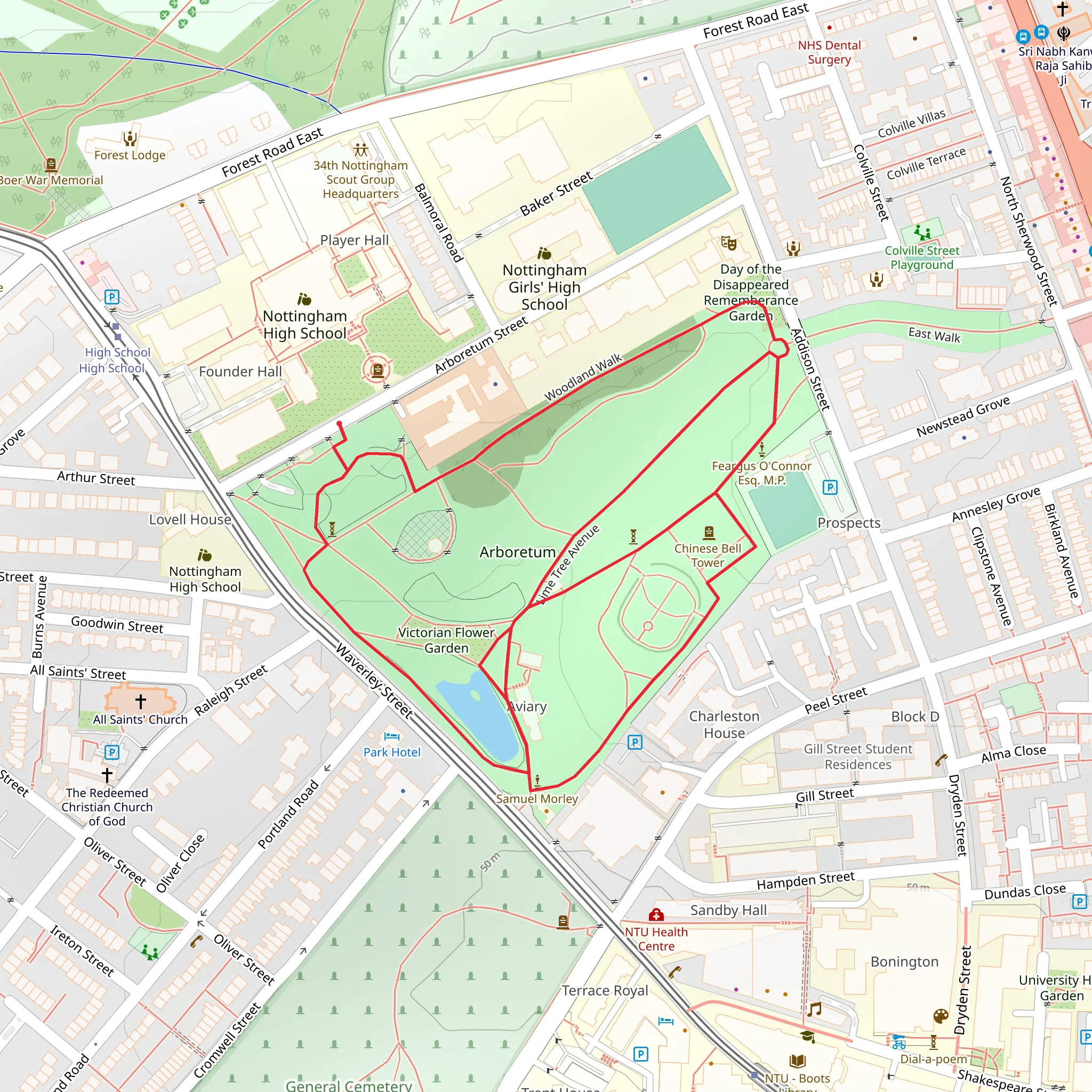 Nottingham Arboretum Loop mobile static map