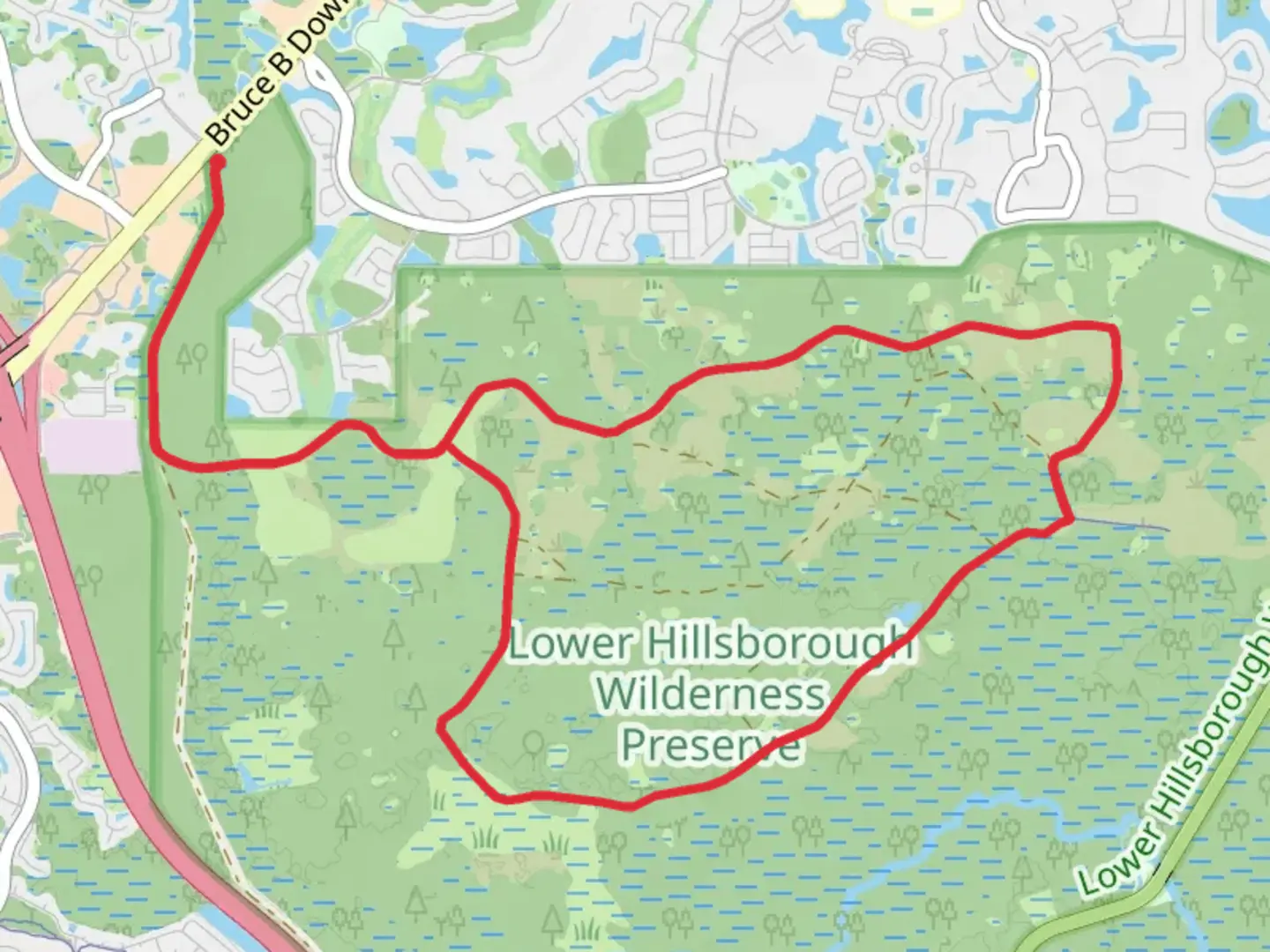 An image depicting the trail Flatwoods Loop and its surrounding area.