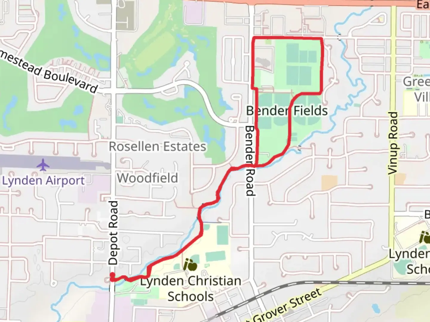 An image depicting the trail Jim Kaemingk Sr Trail and Bender Fields Loop and its surrounding area.