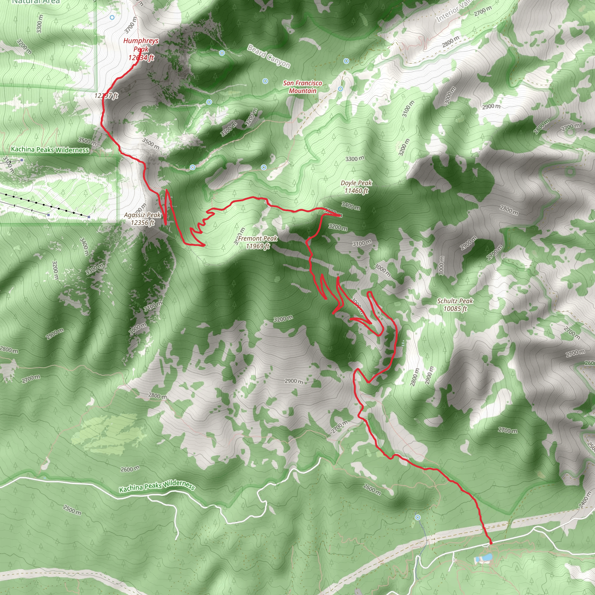 Humphreys Peak via Weatherford Trail mobile static map