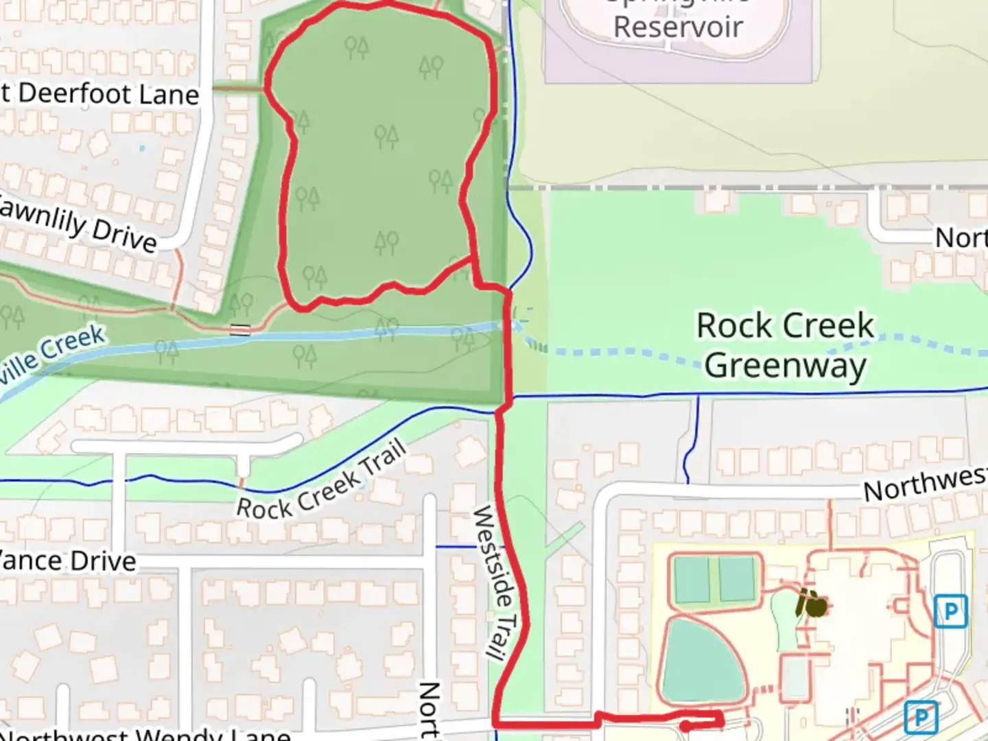 An image depicting the trail Springville Creek Loop and its surrounding area.