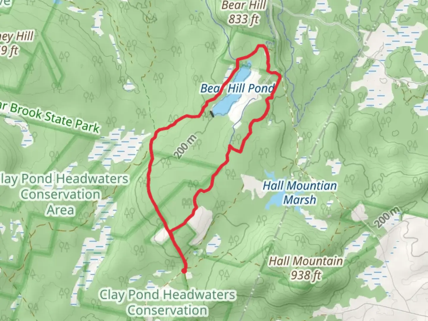 An image depicting the trail Bear Hill Pond via Ferret Loop Trail and its surrounding area.