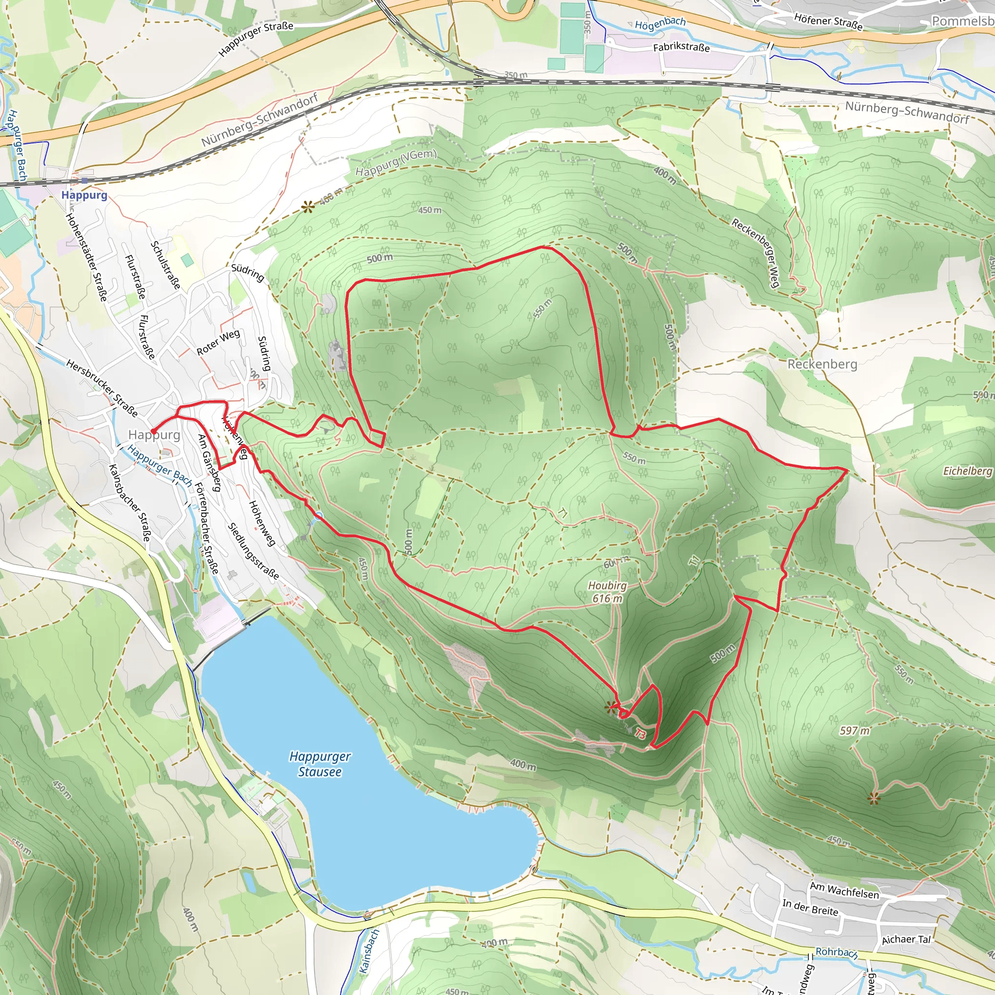 Houbirg and Hohler Fels via Rundweg Happurg and Gruenstrich mobile static map