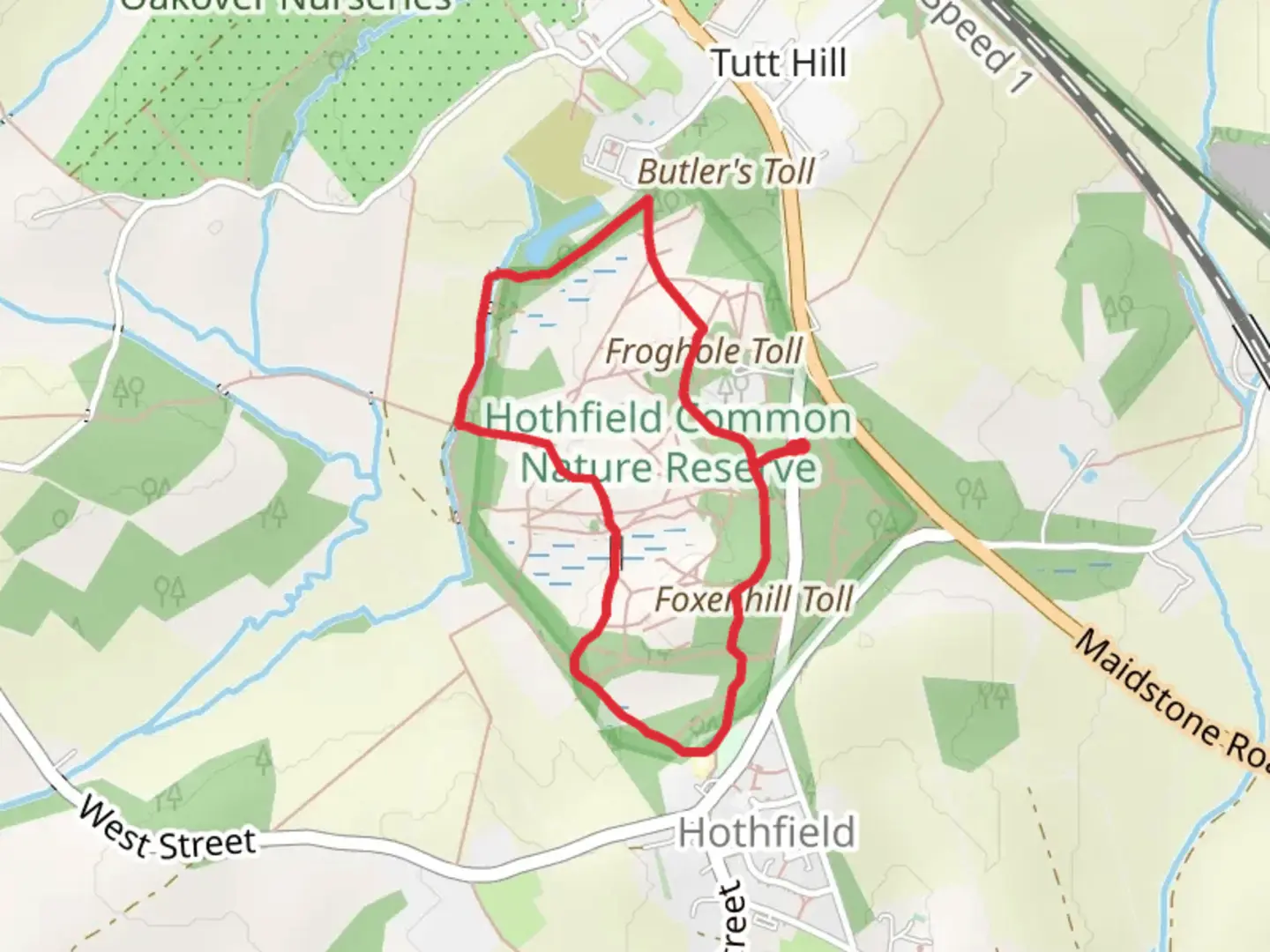 An image depicting the trail Hothfield Common Nature Reserve Loop and its surrounding area.