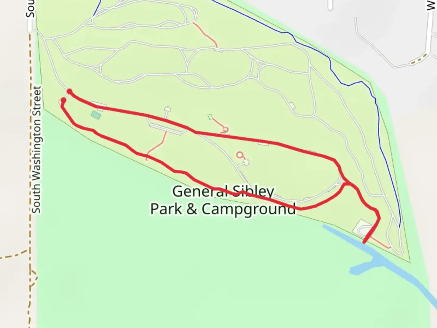 An image depicting the trail General Sibley City Park Loop and its surrounding area.