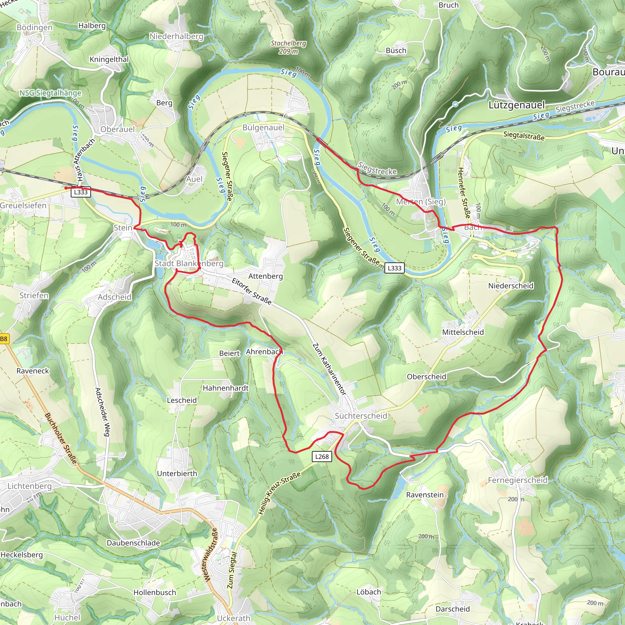 Blankenberg to Merten via Bergischer Weg and Natursteig Sieg mobile static map