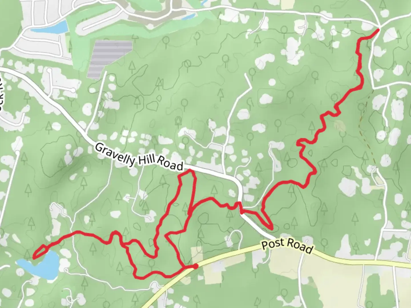 An image depicting the trail Green, Red and Blue - Post Road and its surrounding area.