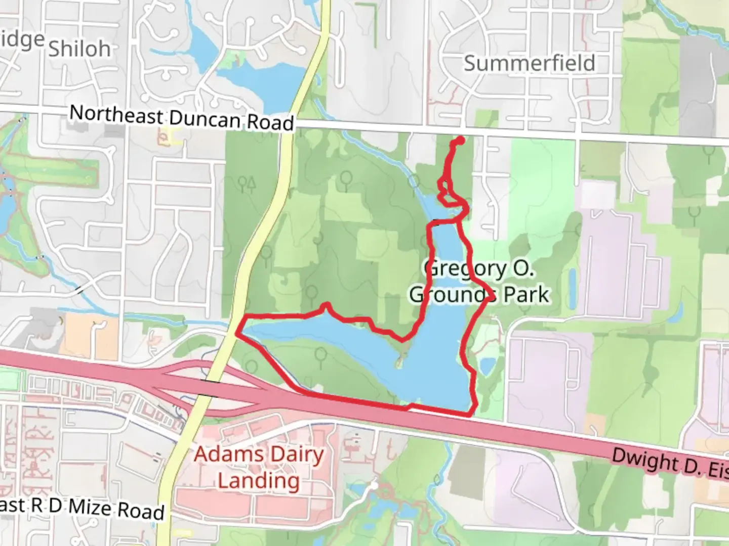 An image depicting the trail Gregory O Grounds Park Loop and its surrounding area.