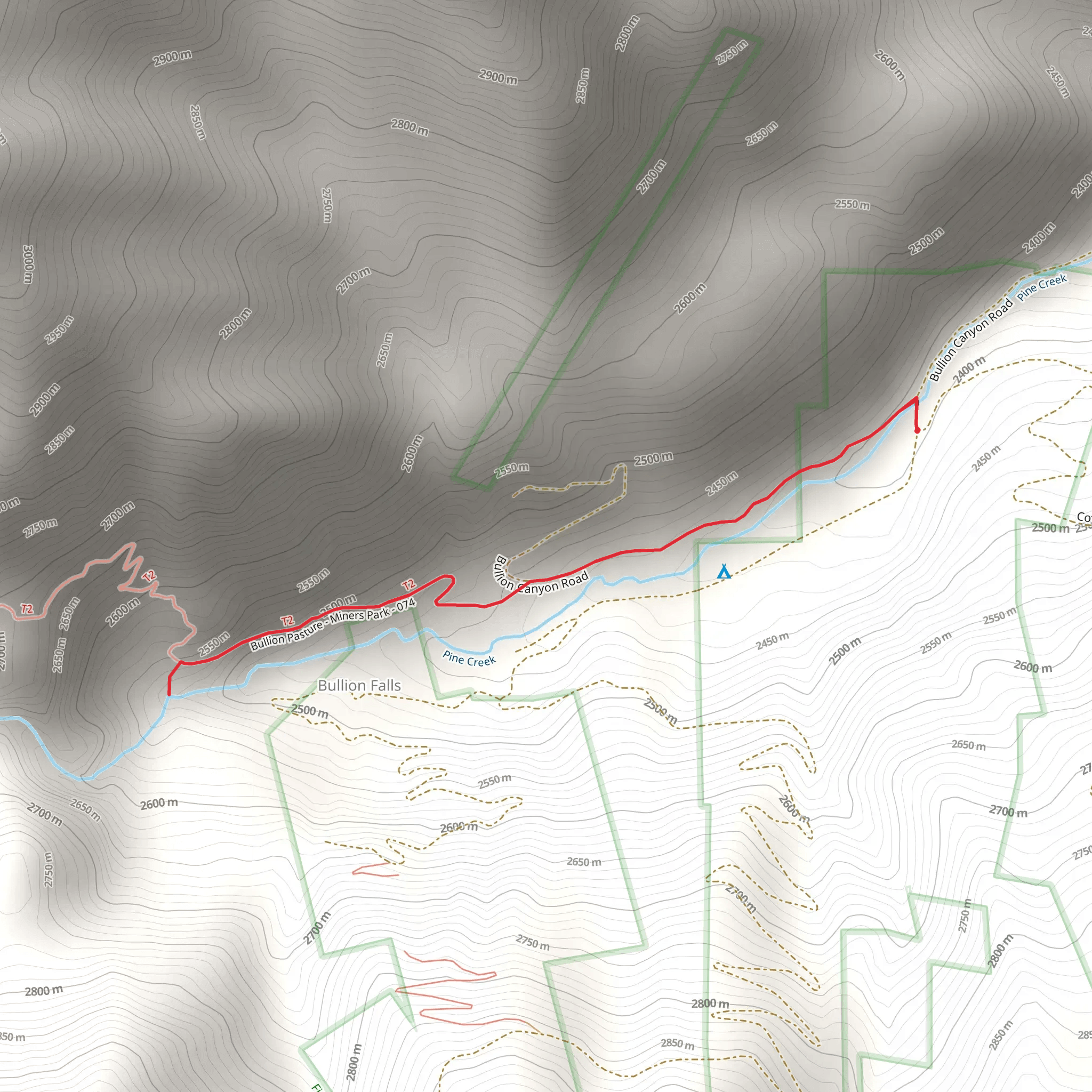 Pine Creek via Bullion Pasture Miners Park mobile static map