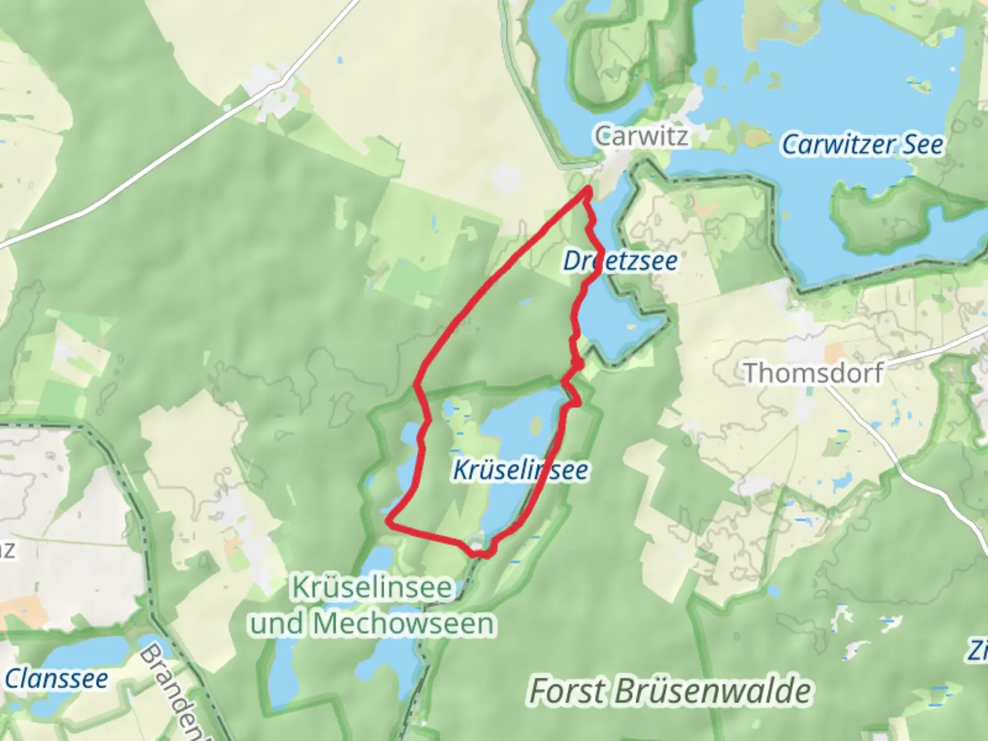 An image depicting the trail Krueselinsee via Krueseliner Rundweg and its surrounding area.