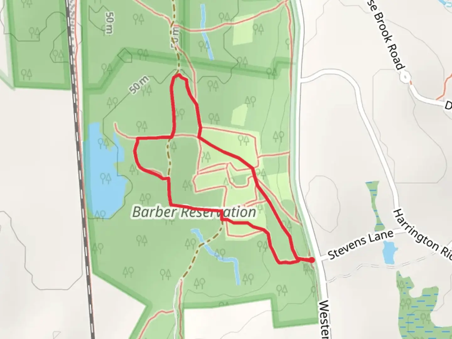 An image depicting the trail Barber Reservation Loop from Western Avenue and its surrounding area.
