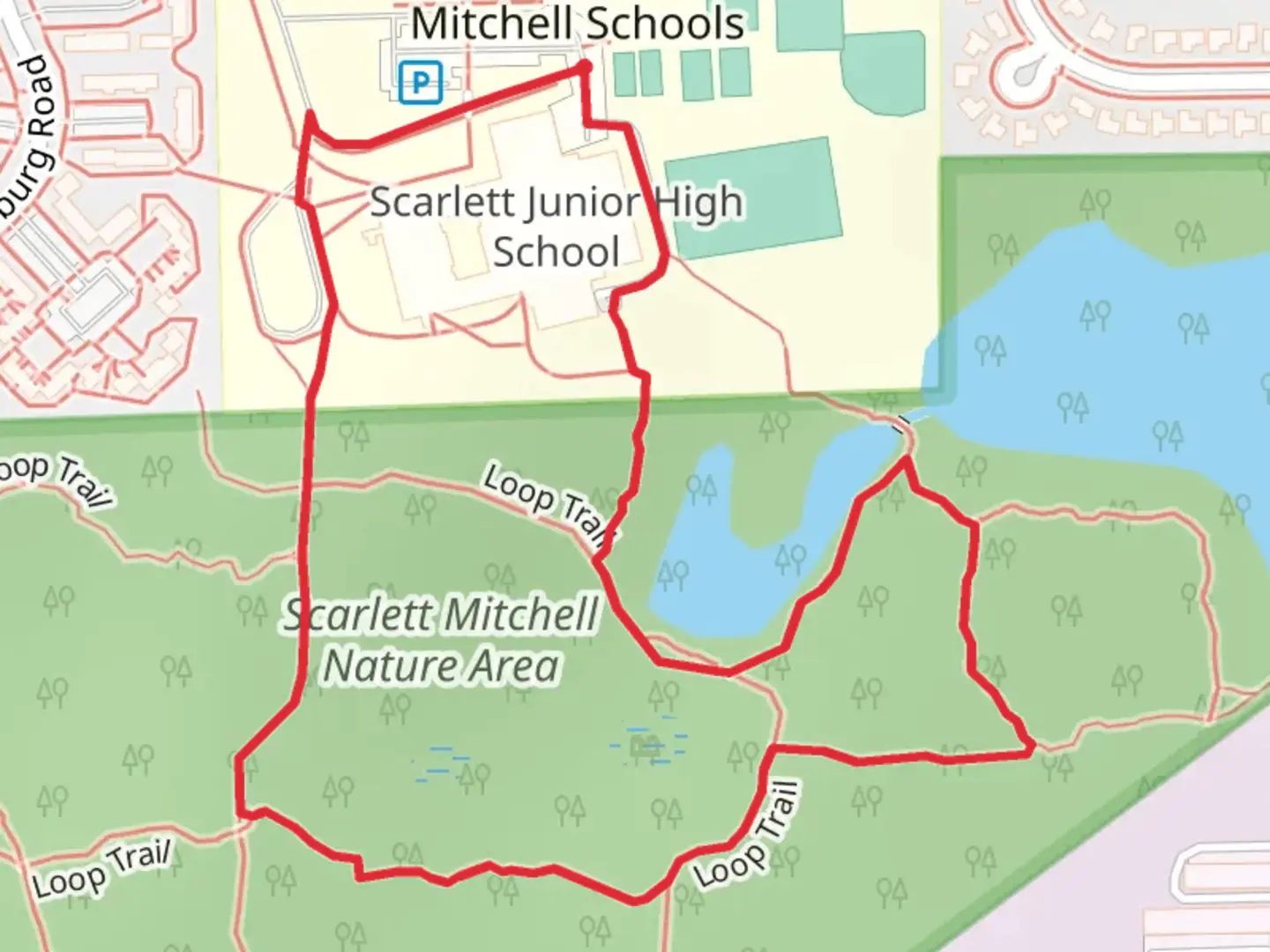 An image depicting the trail Scarlett Mitchell Nature Area Loop and its surrounding area.