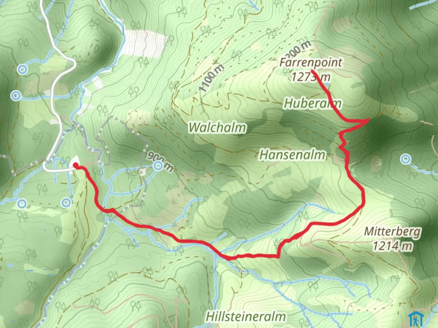 An image depicting the trail Farrenpoint Peak Walk via BF6-Über Stock and Stein and its surrounding area.