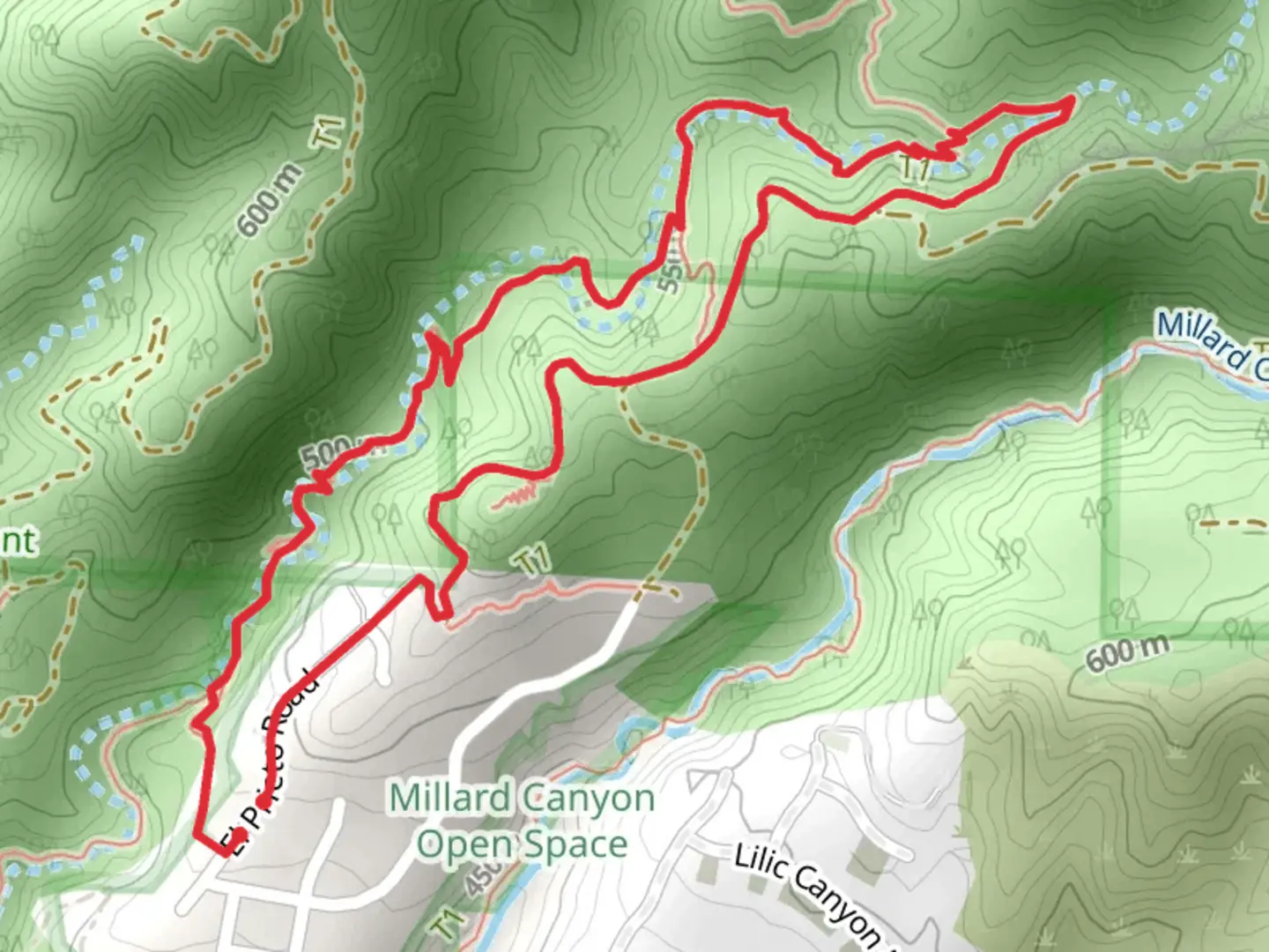 An image depicting the trail El Prieto Trail and Millard Canyon Road Loop and its surrounding area.