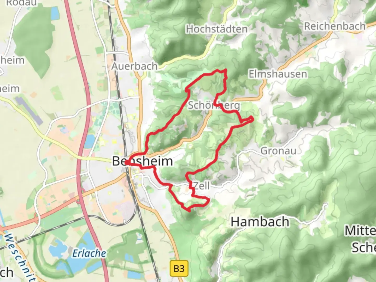 An image depicting the trail Alwmannwnweg and Rundwanderweg Bensheim and its surrounding area.