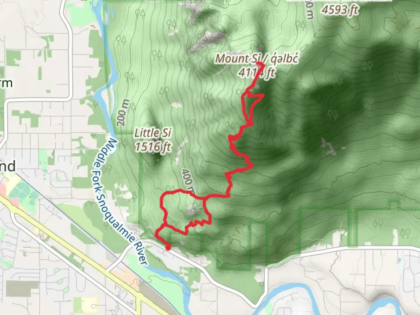 An image depicting the trail Boulder Garden Loop Trail and Mount Si Old Trail and its surrounding area.