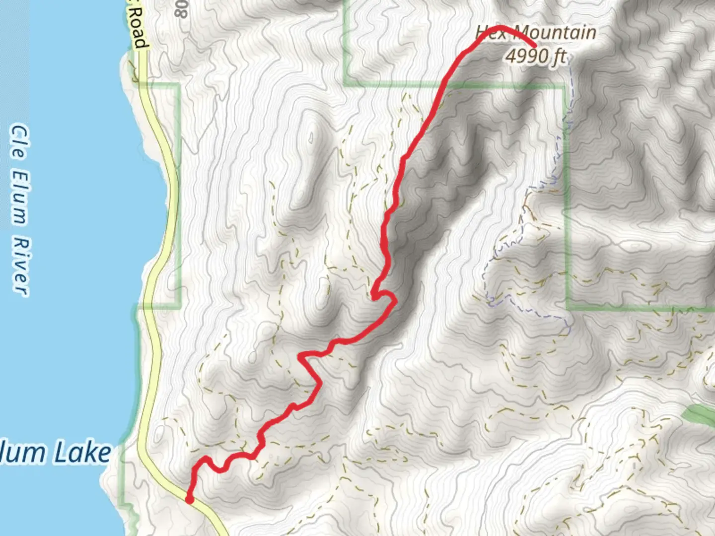 An image depicting the trail Hex Mountain Out and Back and its surrounding area.