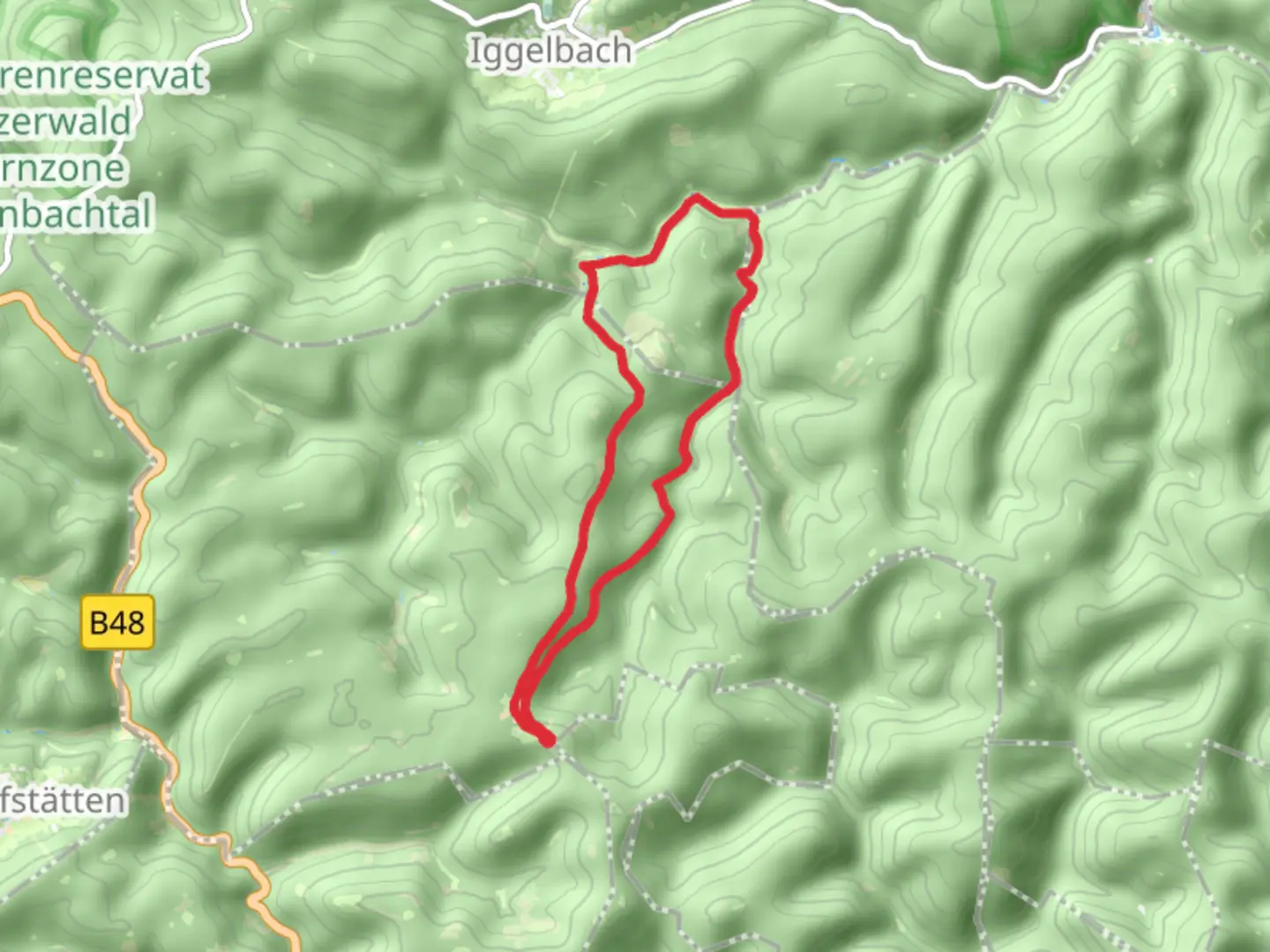 An image depicting the trail Grobsbach via Pfaelzerwald Blauer Balken and Pfaelzerwald Gelber Punkt and its surrounding area.