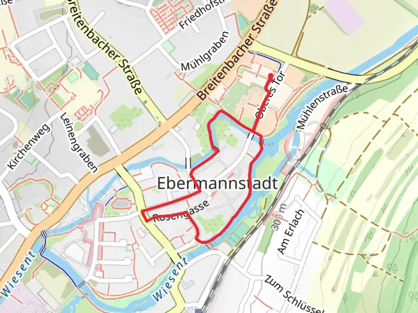 An image depicting the trail Wiesent via Lauferlebnis Frankische Schweiz and its surrounding area.