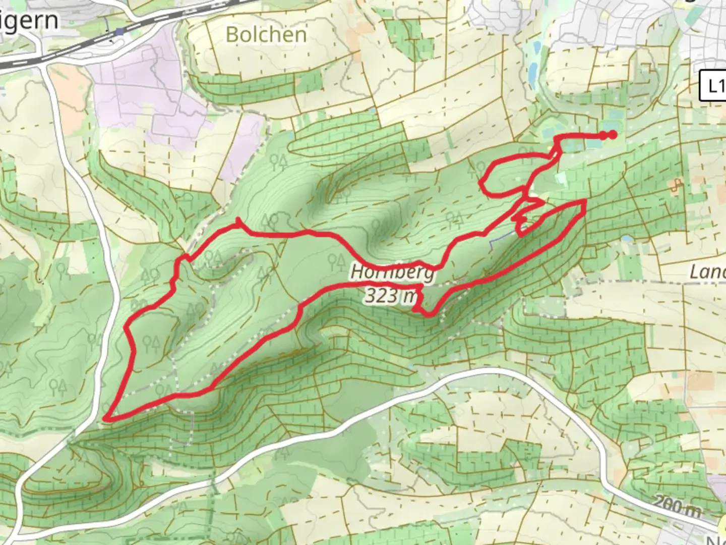 An image depicting the trail Hornberg via Frankenweg and Rotes Kreuz and its surrounding area.