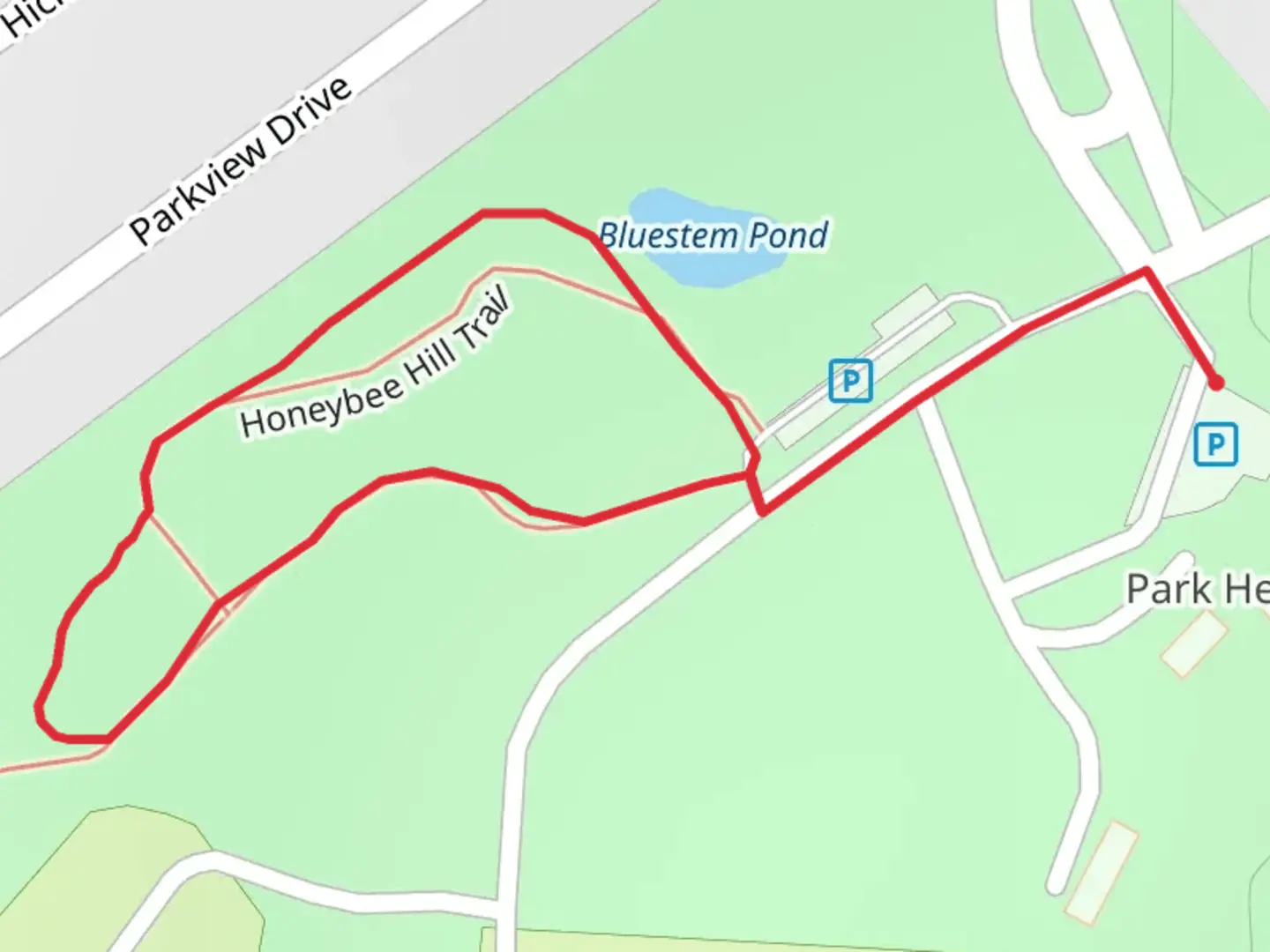 An image depicting the trail Parkview Drive Loop and its surrounding area.