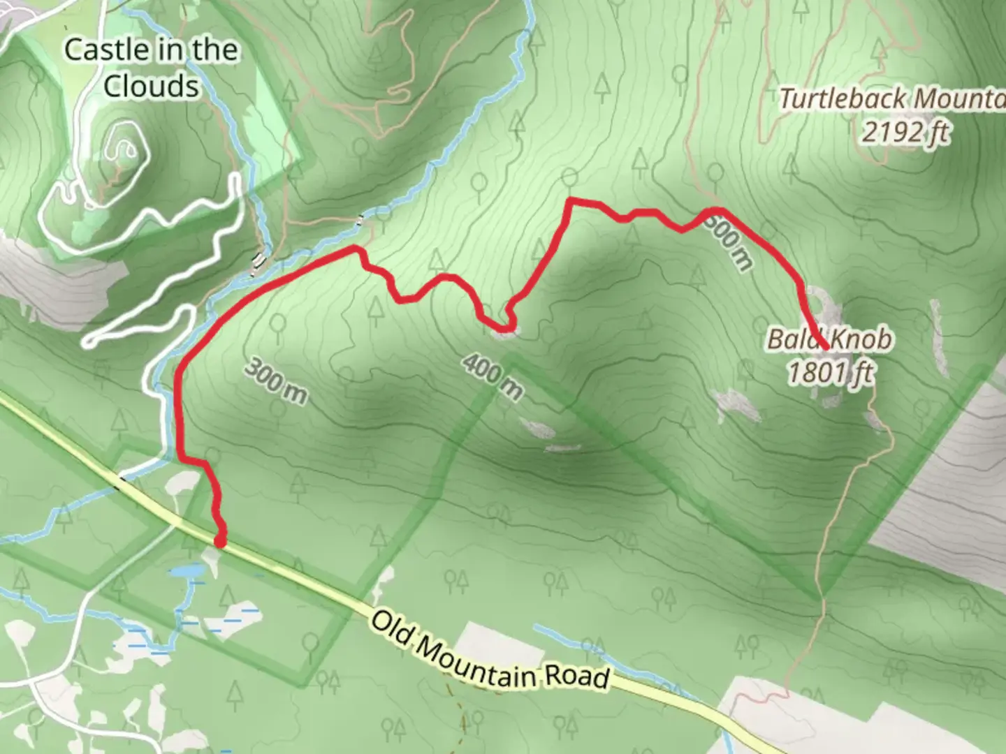 An image depicting the trail Bald Knob Trail via Old Mountain Road and its surrounding area.